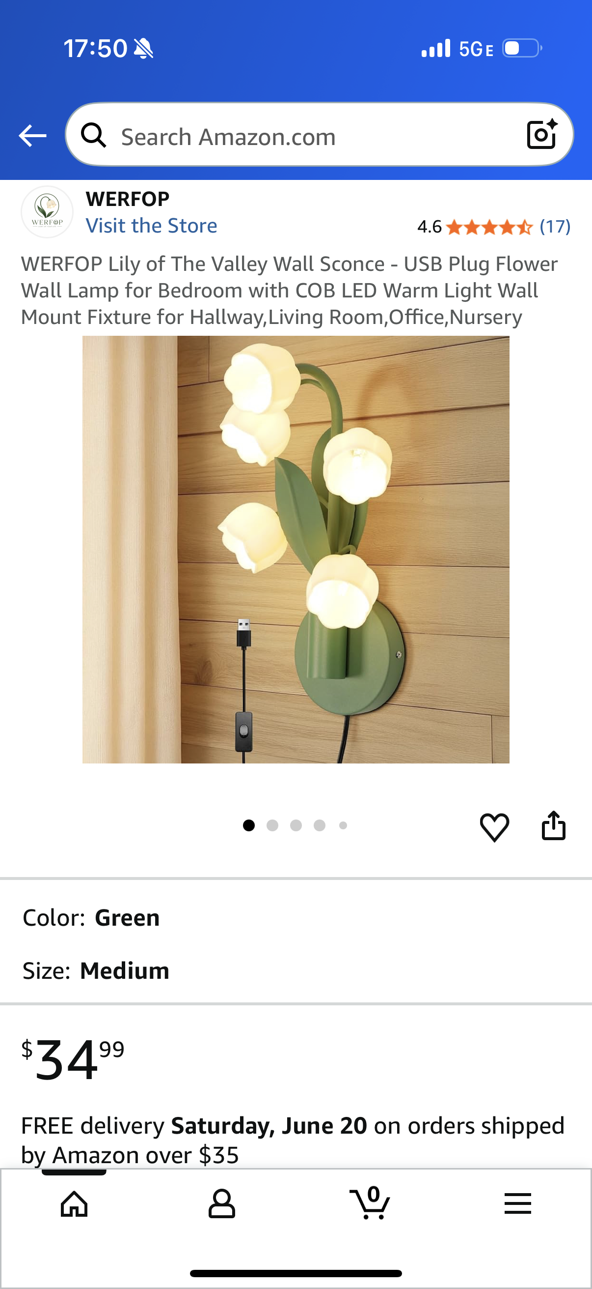 WERFOP Lily of The Valley Wall Sconce - USB Plug Flower Wall Lamp for Bedroom with COB LED Warm Light Wall Mount Fixture for Hallway,Living Room,Office,Nursery