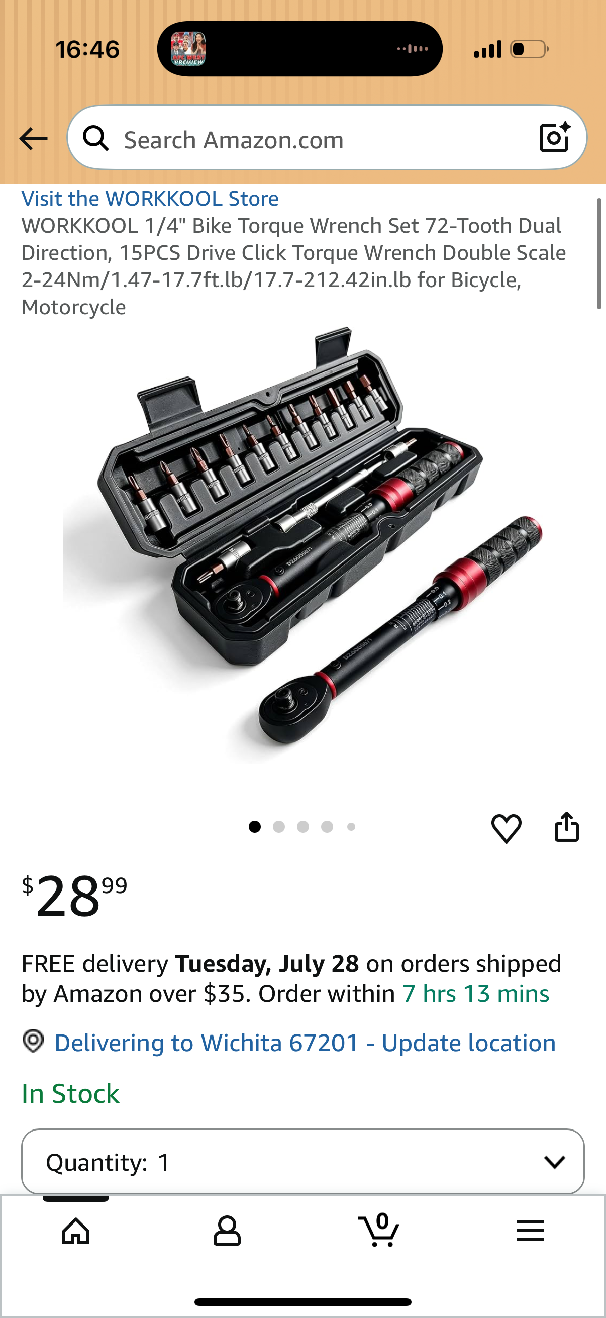 WORKKOOL 1/4" Bike Torque Wrench Set 72-Tooth Dual Direction, 15PCS Drive Click Torque Wrench Double Scale 2-24Nm/1.47-17.7ft.lb/17.7-212.42in.lb for Bicycle, Motorcycle