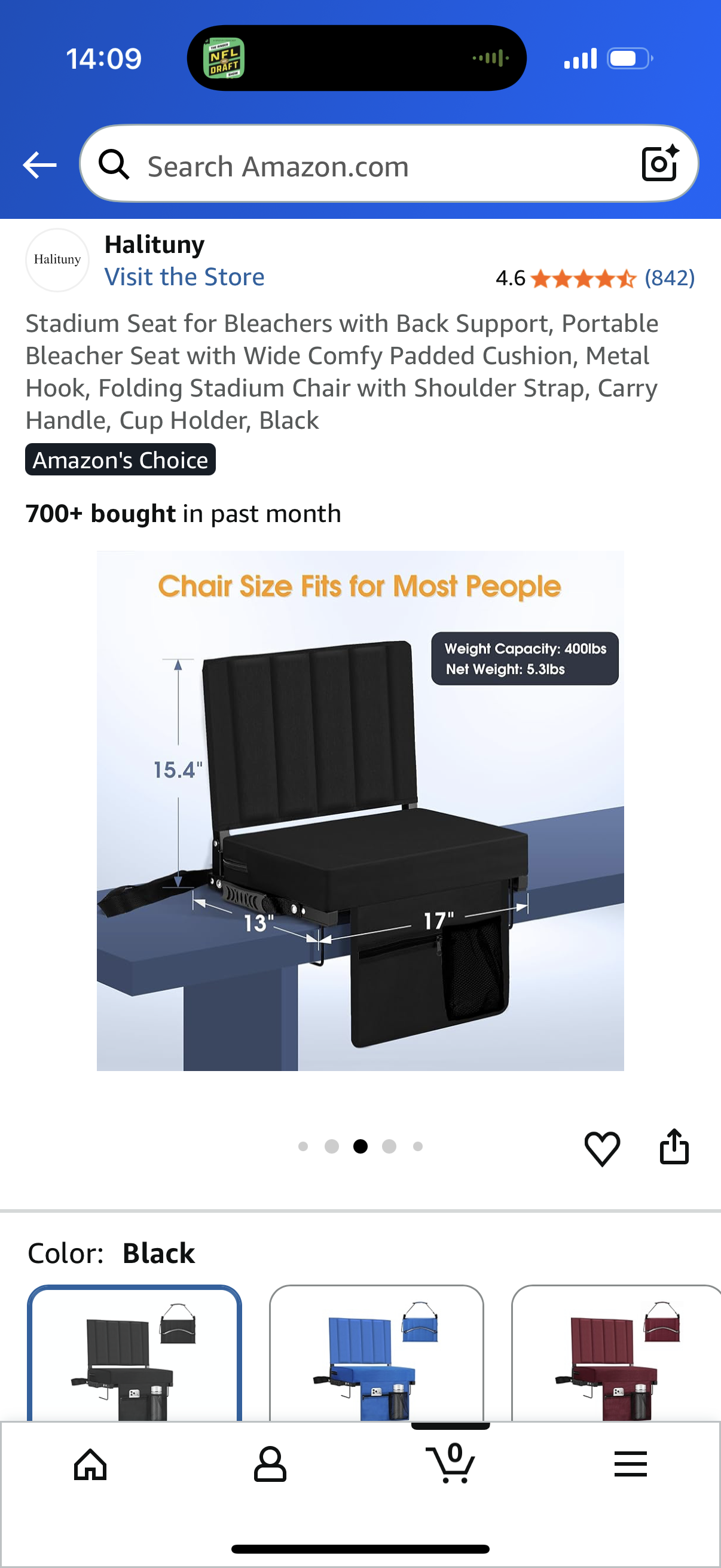 Stadium Seat for Bleachers with Back Support, Portable Bleacher Seat with Wide Comfy Padded Cushion, Metal Hook, Folding Stadium Chair with Shoulder Strap, Carry Handle, Cup Holder, Black