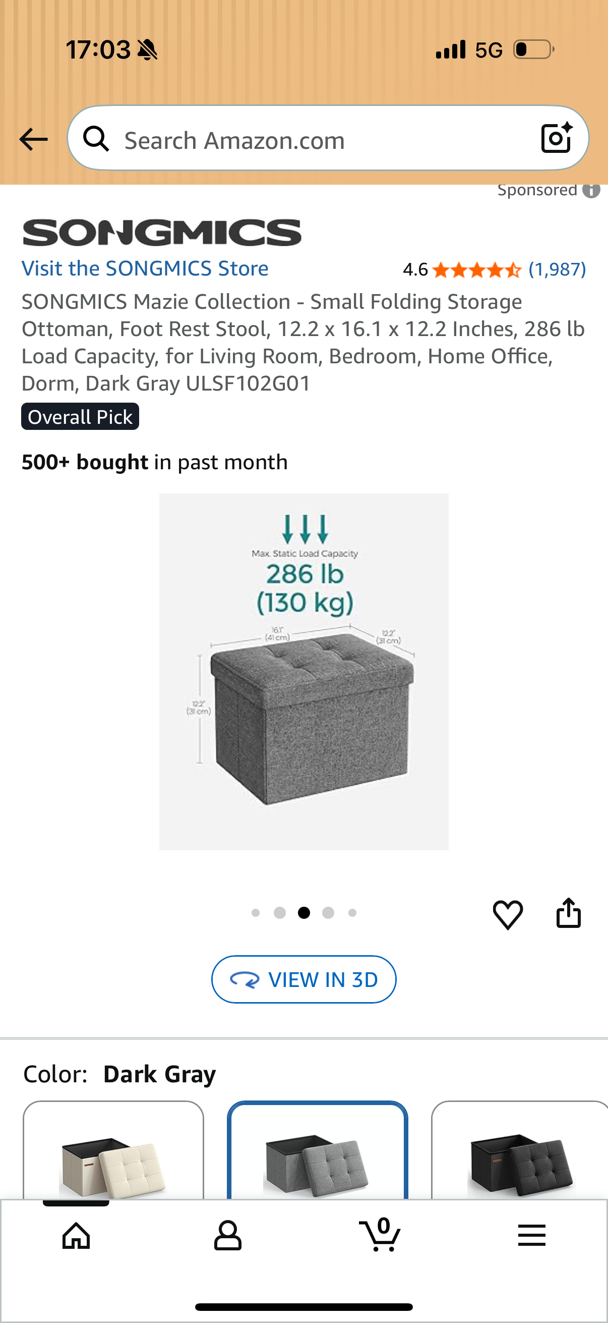 SONGMICS Mazie Collection - Small Folding Storage Ottoman, Foot Rest Stool, 12.2 x 16.1 x 12.2 Inches, 286 lb Load Capacity, for Living Room, Bedroom, Home Office, Dorm, Dark Gray