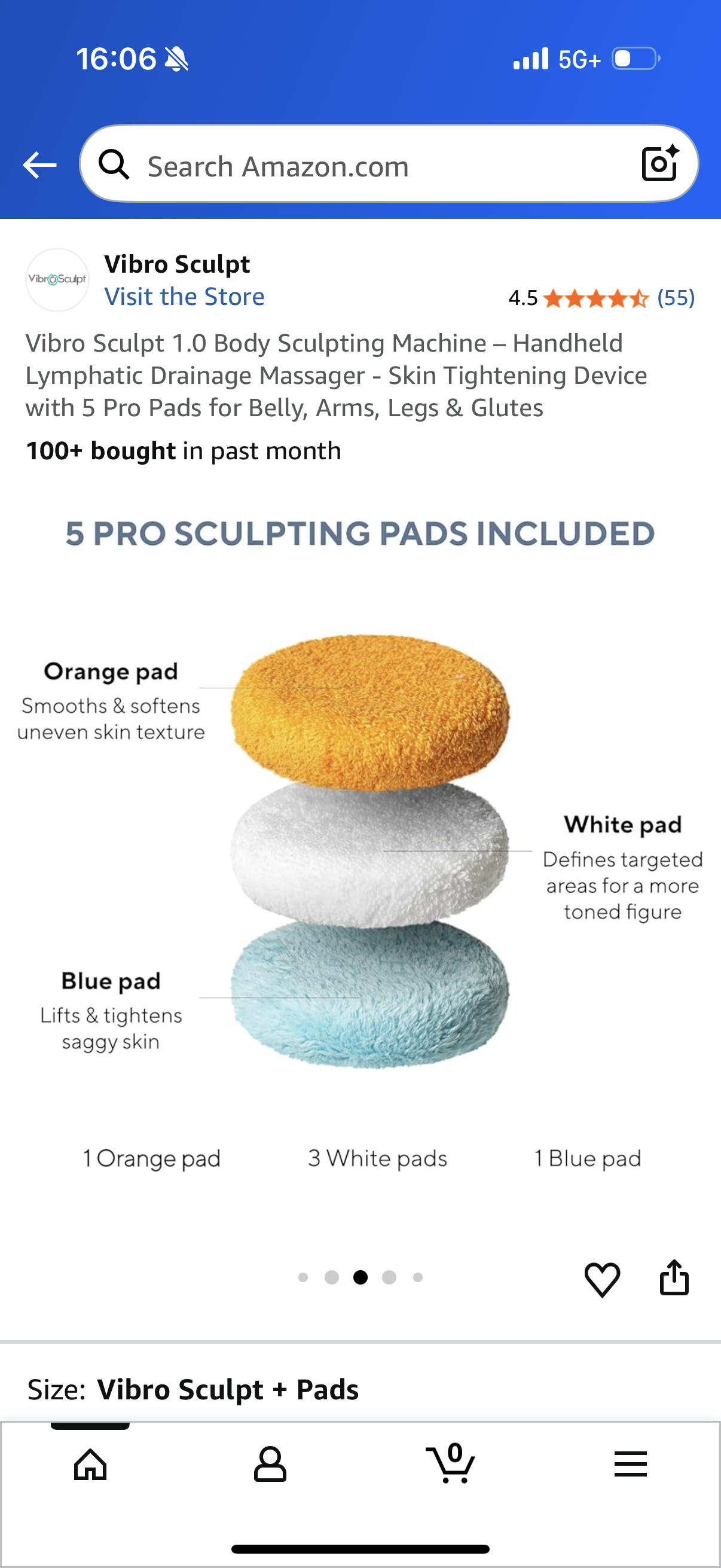 Vibro Sculpt 1.0 Body Sculpting Machine - Handheld Lymphatic Drainage Massager - Skin Tightening Device with 5 Pro Pads for Belly, Arms, Legs & Glutes