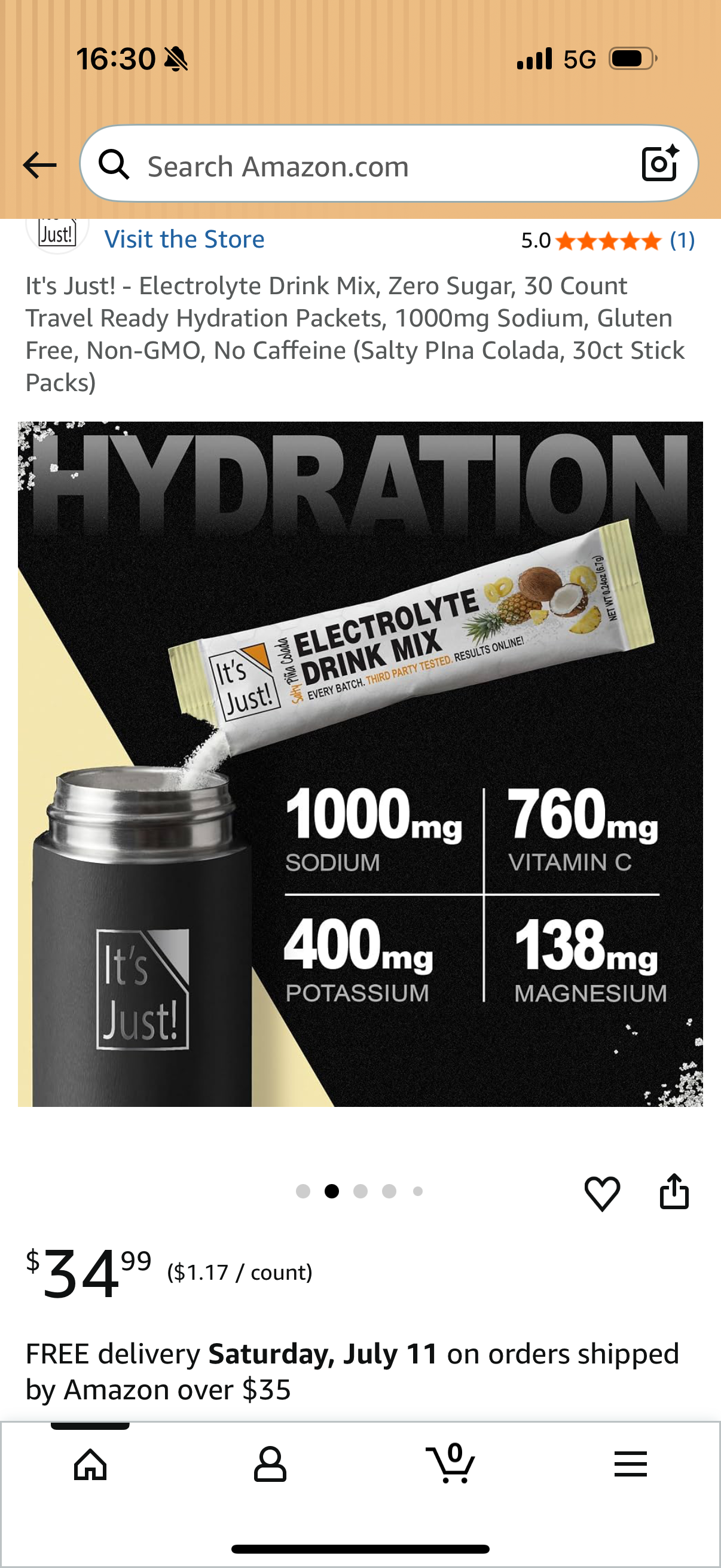It's Just! - Electrolyte Drink Mix, Zero Sugar, 30 Count Travel Ready Hydration Packets, 1000mg Sodium, Gluten Free, Non-GMO, No Caffeine (Salty PIna Colada, 30ct Stick Packs)