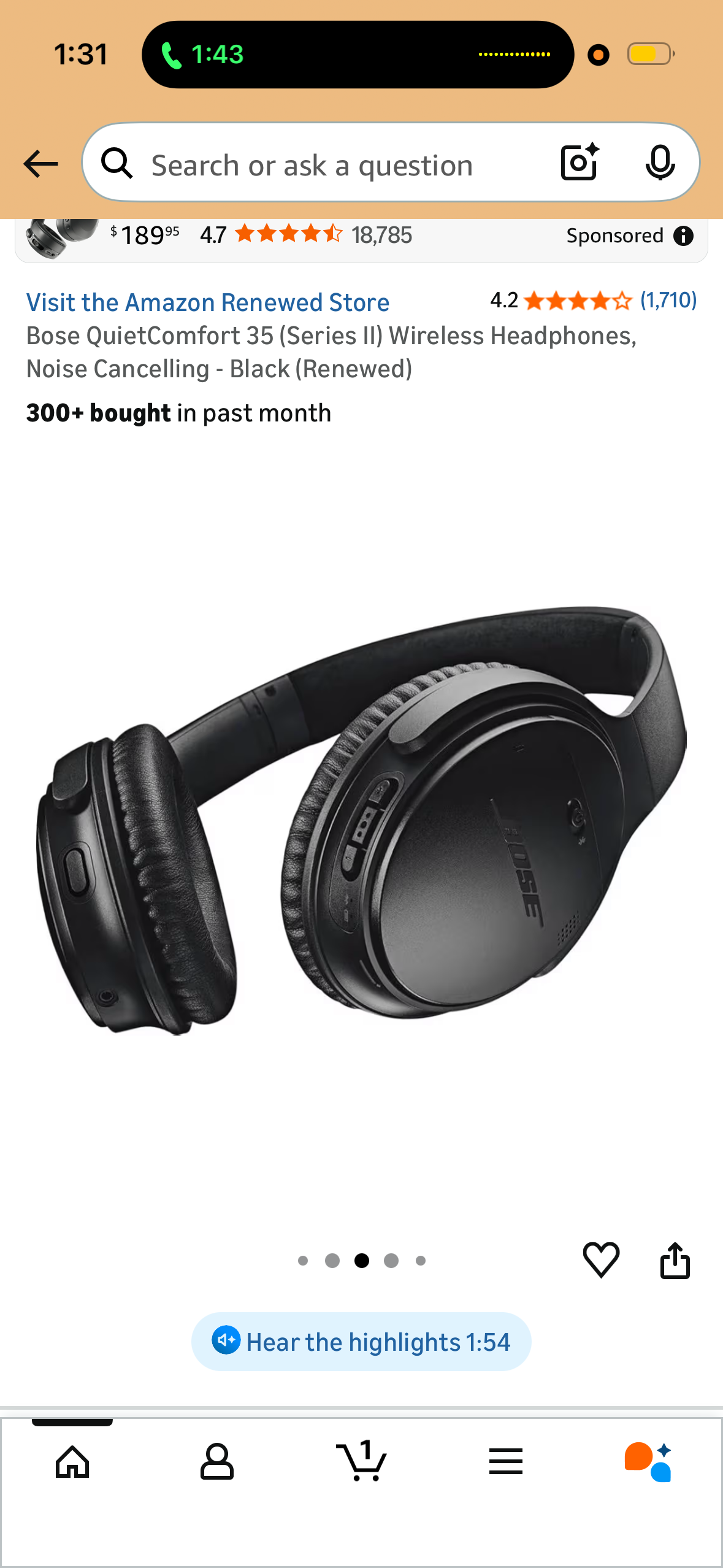 Bose QuietComfort 35 (Series II) Wireless Headphones, Noise Cancelling - Black