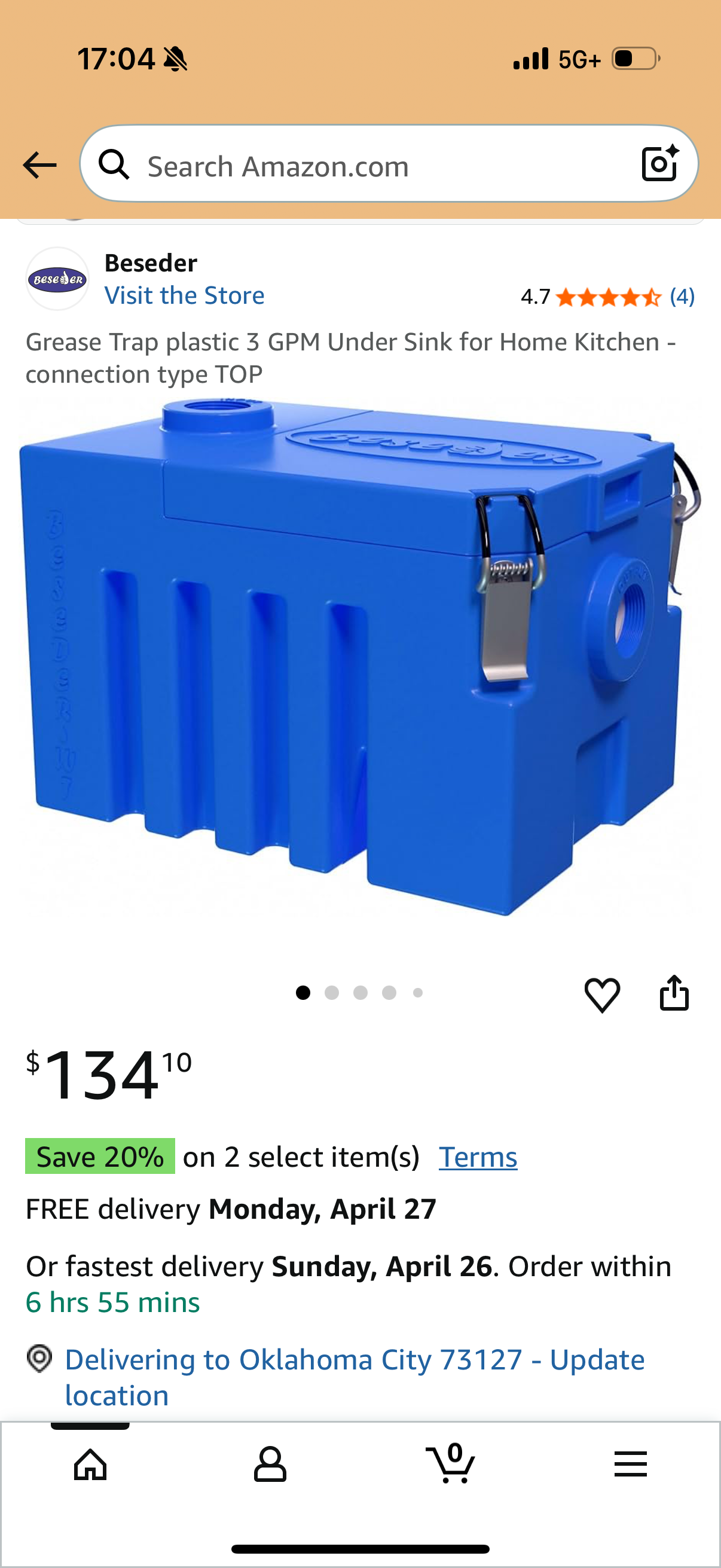 Grease Trap plastic 3 GPM Under Sink for Home Kitchen - connection type TOP
