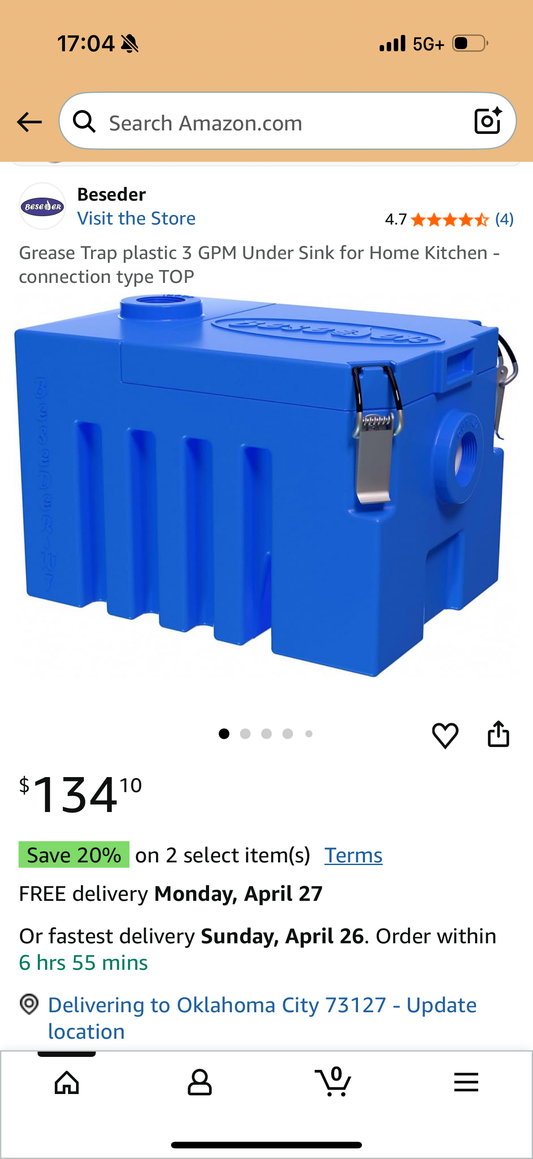 Grease Trap plastic 3 GPM Under Sink for Home Kitchen - connection type TOP