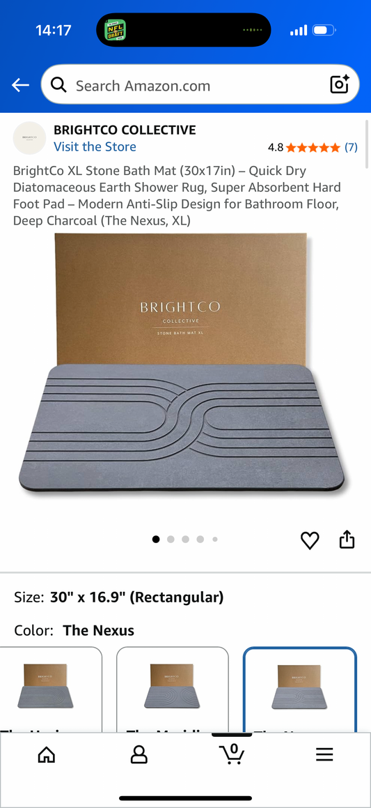 BrightCo XL Stone Bath Mat (30x17in) – Quick Dry Diatomaceous Earth Shower Rug, Super Absorbent Hard Foot Pad – Modern Anti-Slip Design for Bathroom Floor, Deep Charcoal (The Nexus, XL)