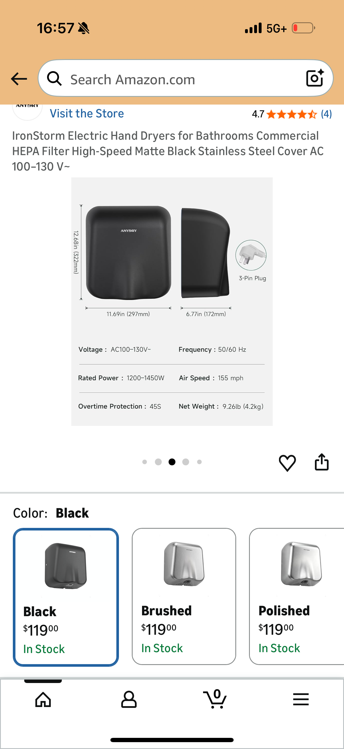 IronStorm Electric Hand Dryers for Bathrooms Commercial HEPA Filter High-Speed Matte Black Stainless Steel Cover AC 100–130 V~