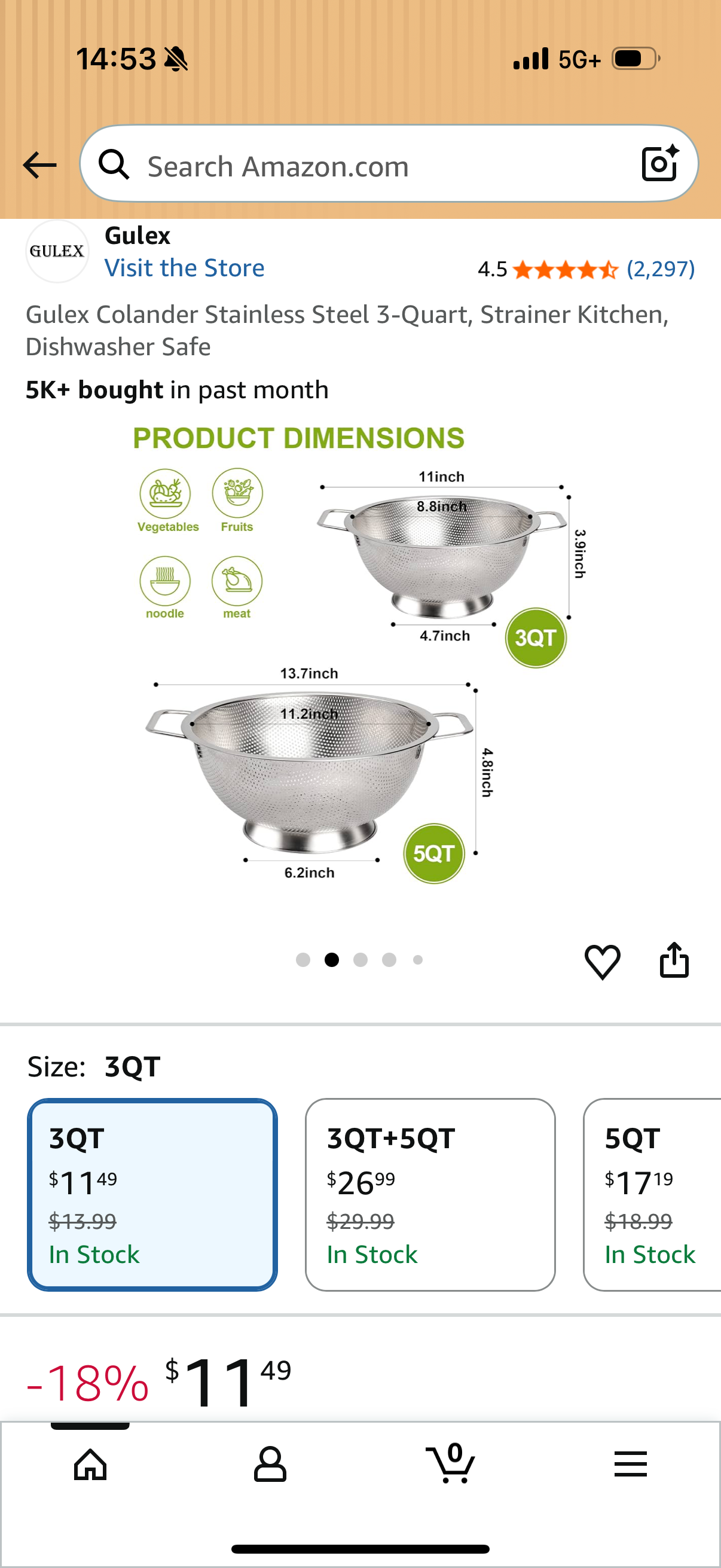 Gulex Colander Stainless Steel 3-Quart, Strainer Kitchen, Dishwasher Safe