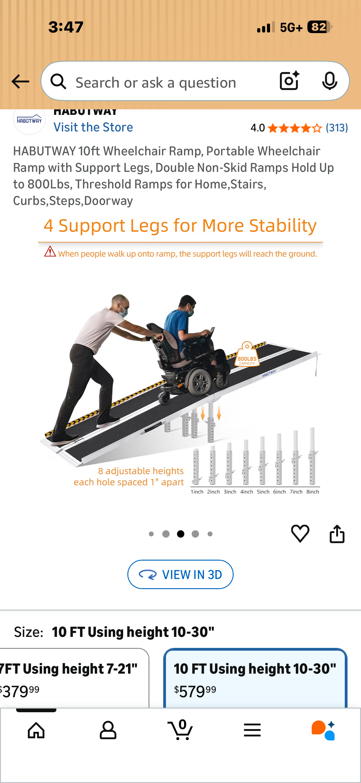 HABUTWAY 10ft Wheelchair Ramp, Portable Wheelchair Ramp with Support Legs, Double Non-Skid Ramps, Holds Up to 800Lbs, Threshold Ramps for Home,Stairs, Curbs, Steps, Doorway (R787)
