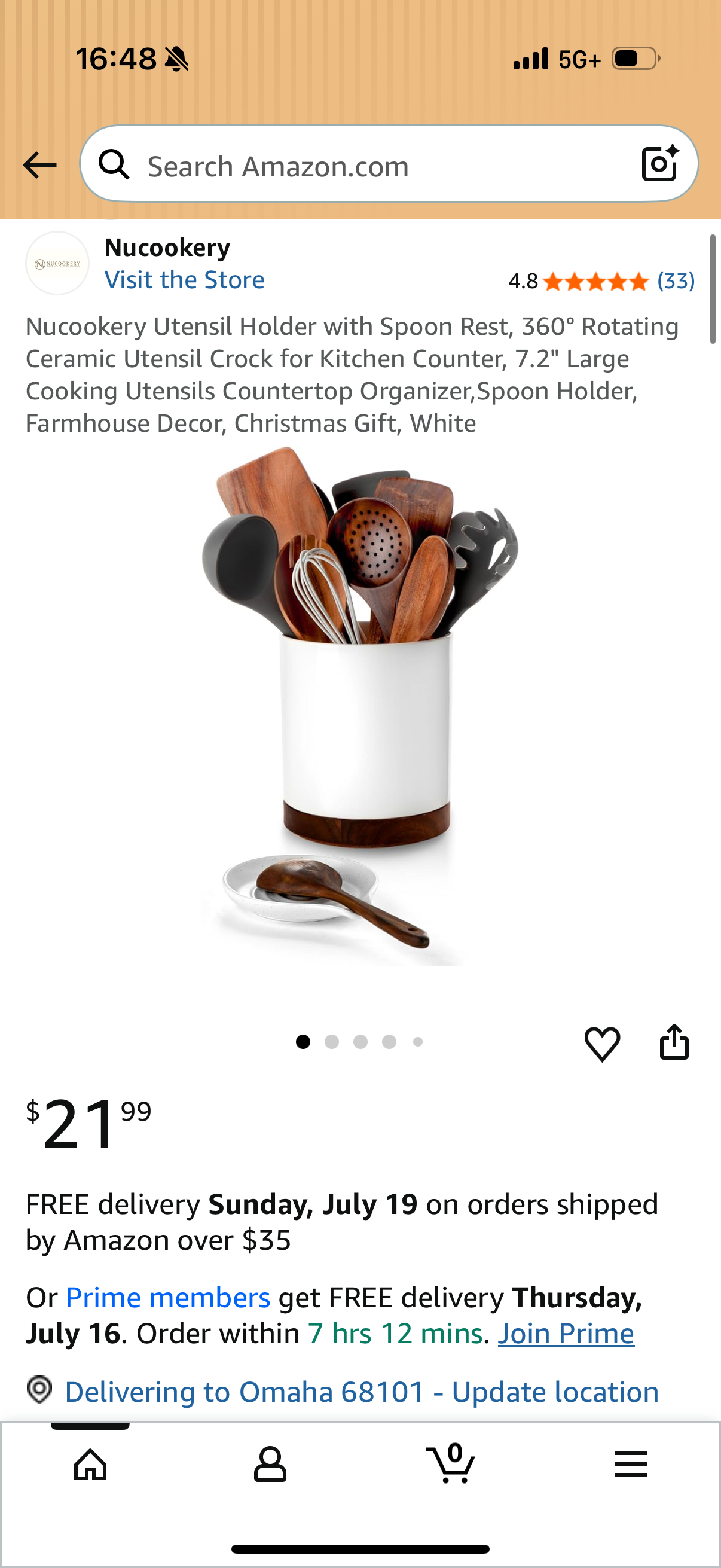 Nucookery Utensil Holder with Spoon Rest, 360° Rotating Ceramic Utensil Crock for Kitchen Counter, 7.2" Large Cooking Utensils Countertop Organizer,Spoon Holder, Farmhouse Decor, Christmas Gift, White