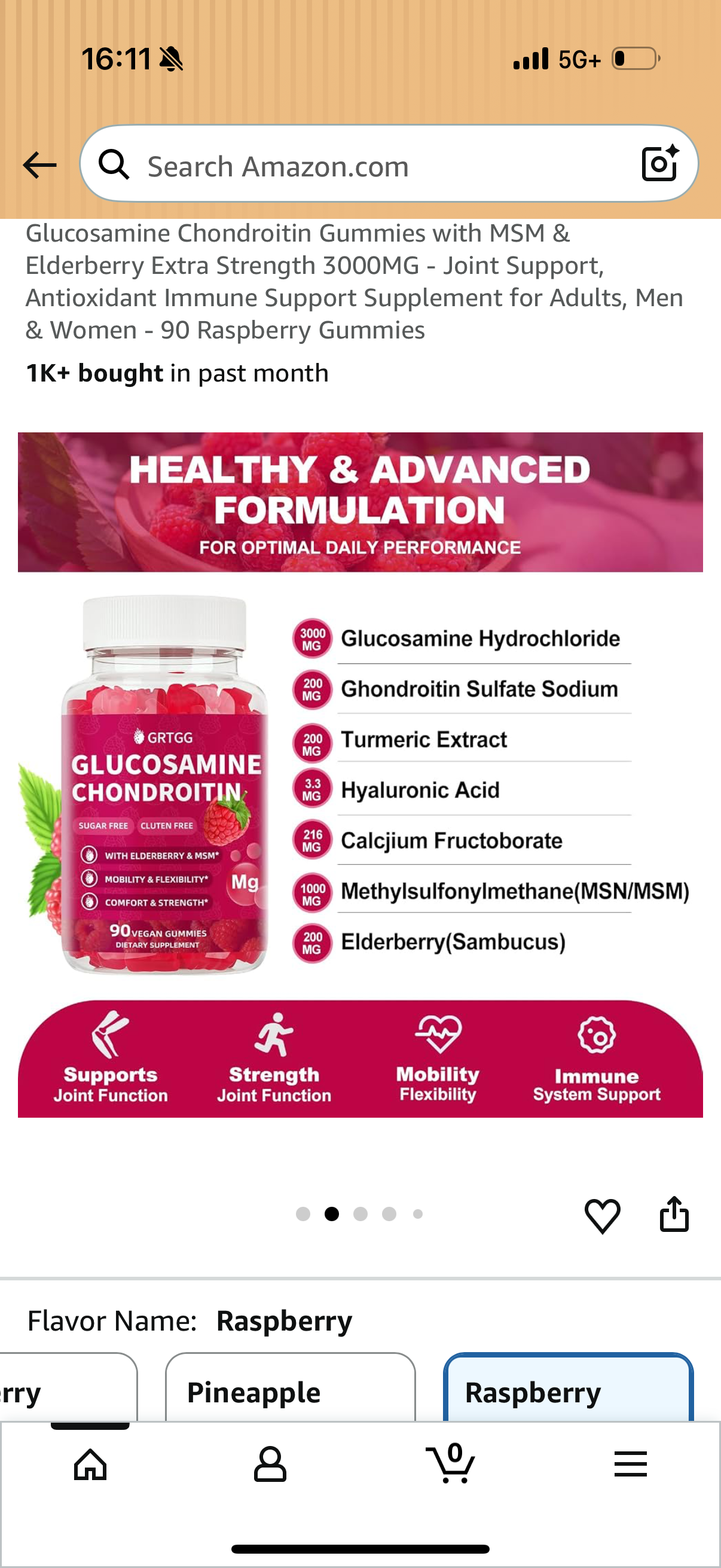 Glucosamine Chondroitin Gummies with MSM & Elderberry Extra Strength 3000MG - Joint Support, Antioxidant Immune Support Supplement for Adults, Men & Women - 60 Raspberry Gummies BB: 10/2026