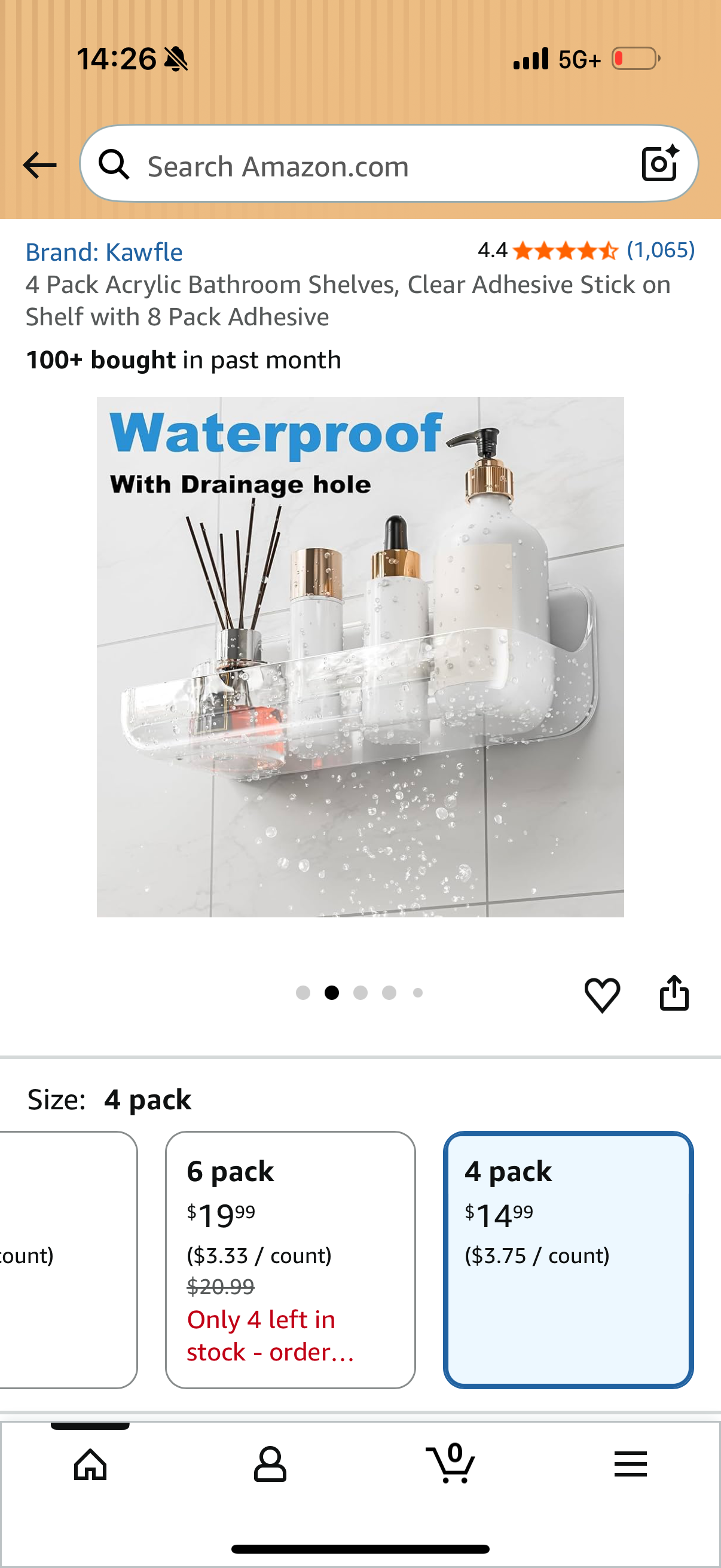 4 Pack Acrylic Bathroom Shelves, Clear Adhesive Stick on Shelf with 8 Pack Adhesive