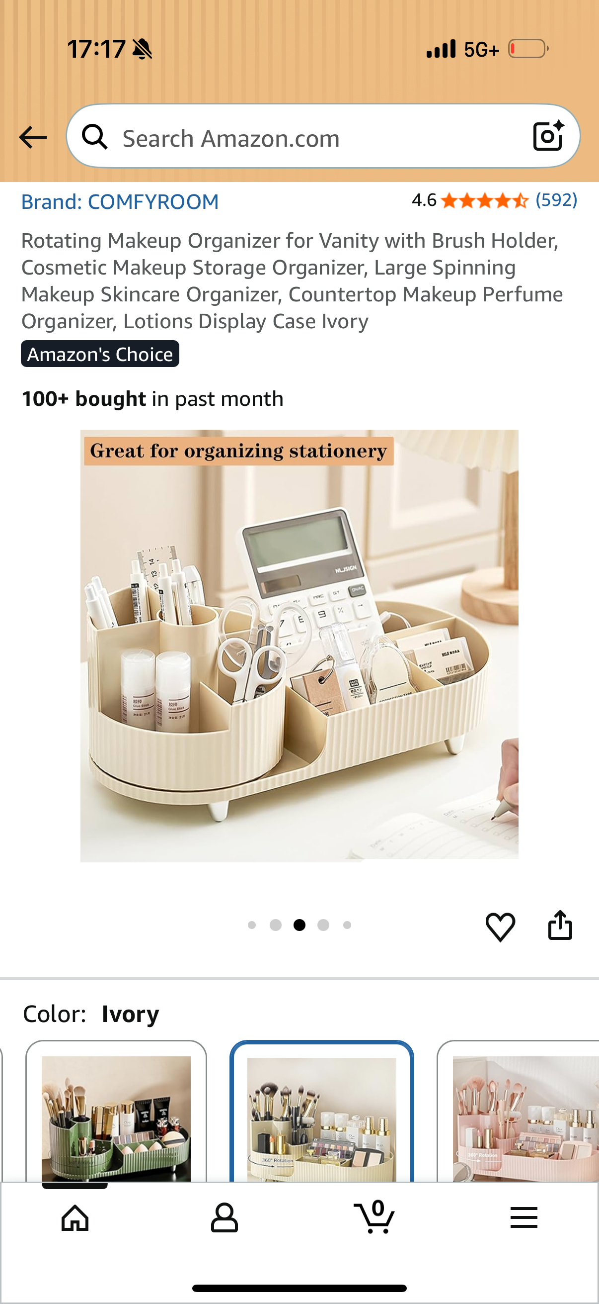 Rotating Makeup Organizer for Vanity with Brush Holder, Cosmetic Makeup Storage Organizer, Large Spinning Makeup Skincare Organizer, Countertop Makeup Perfume Organizer, Lotions Display Case Ivory