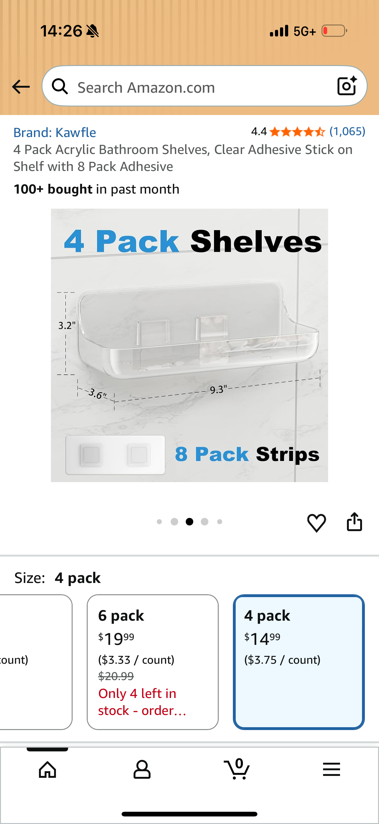 4 Pack Acrylic Bathroom Shelves, Clear Adhesive Stick on Shelf with 8 Pack Adhesive