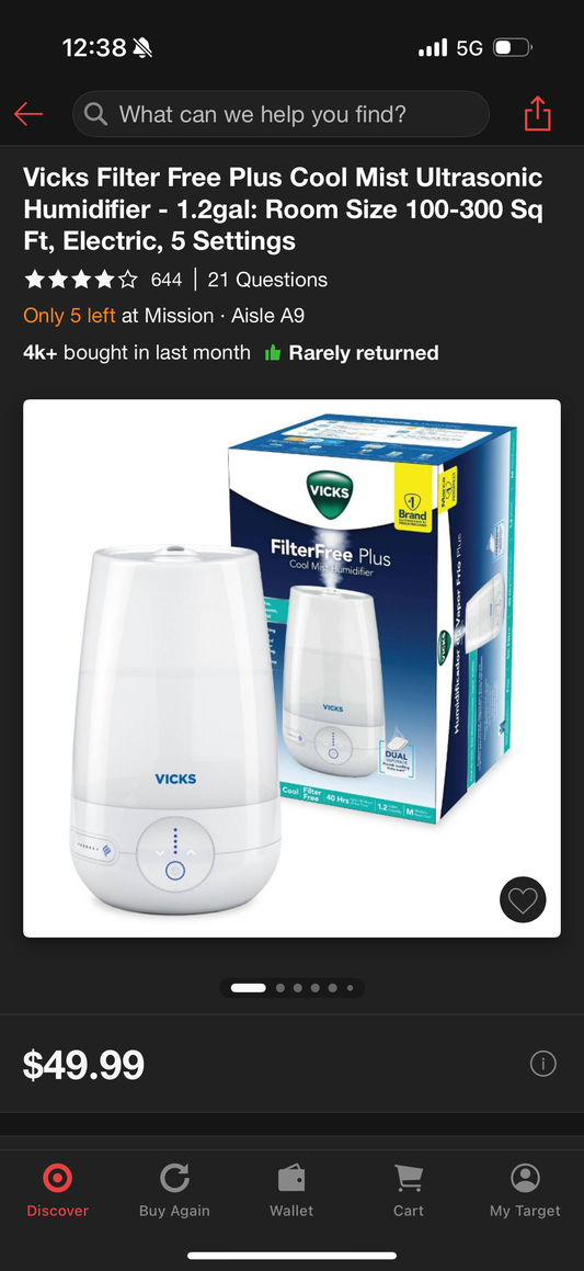 Vicks Filter Free Plus Cool Mist Ultrasonic Humidifier - 1.2gal: Room Size 100-300 Sq Ft, Electric, 5 Settings