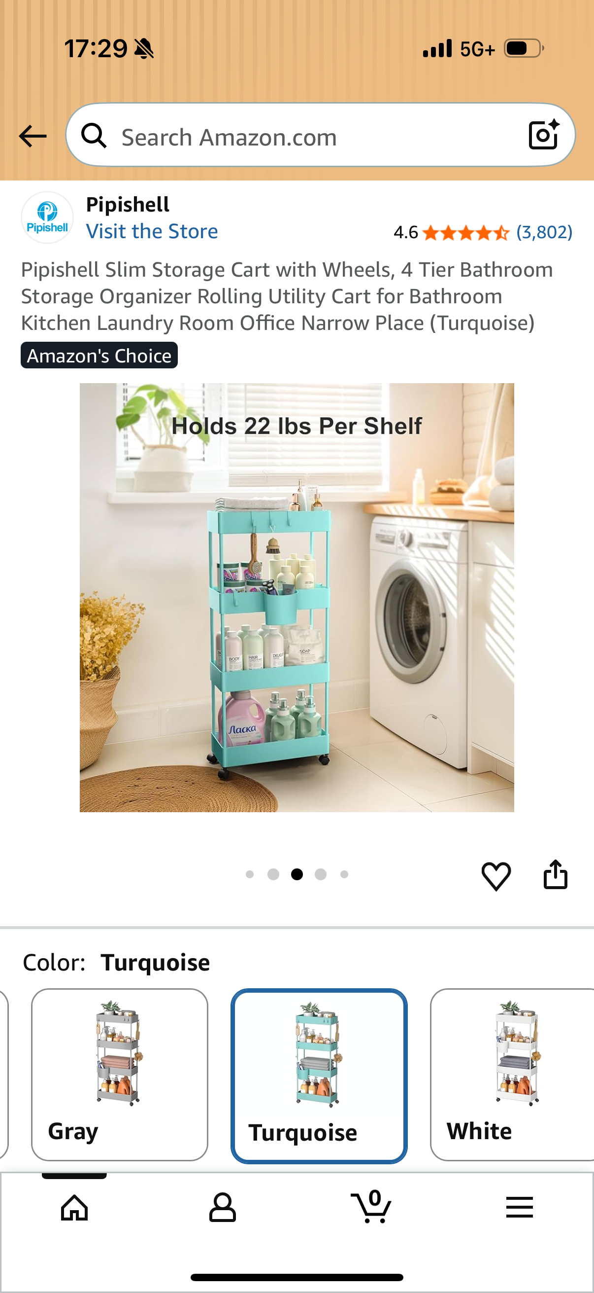 Pipishell Slim Storage Cart with Wheels, 4 Tier Bathroom Storage Organizer Rolling Utility Cart for Bathroom Kitchen Laundry Room Office Narrow Place (Turquoise)
