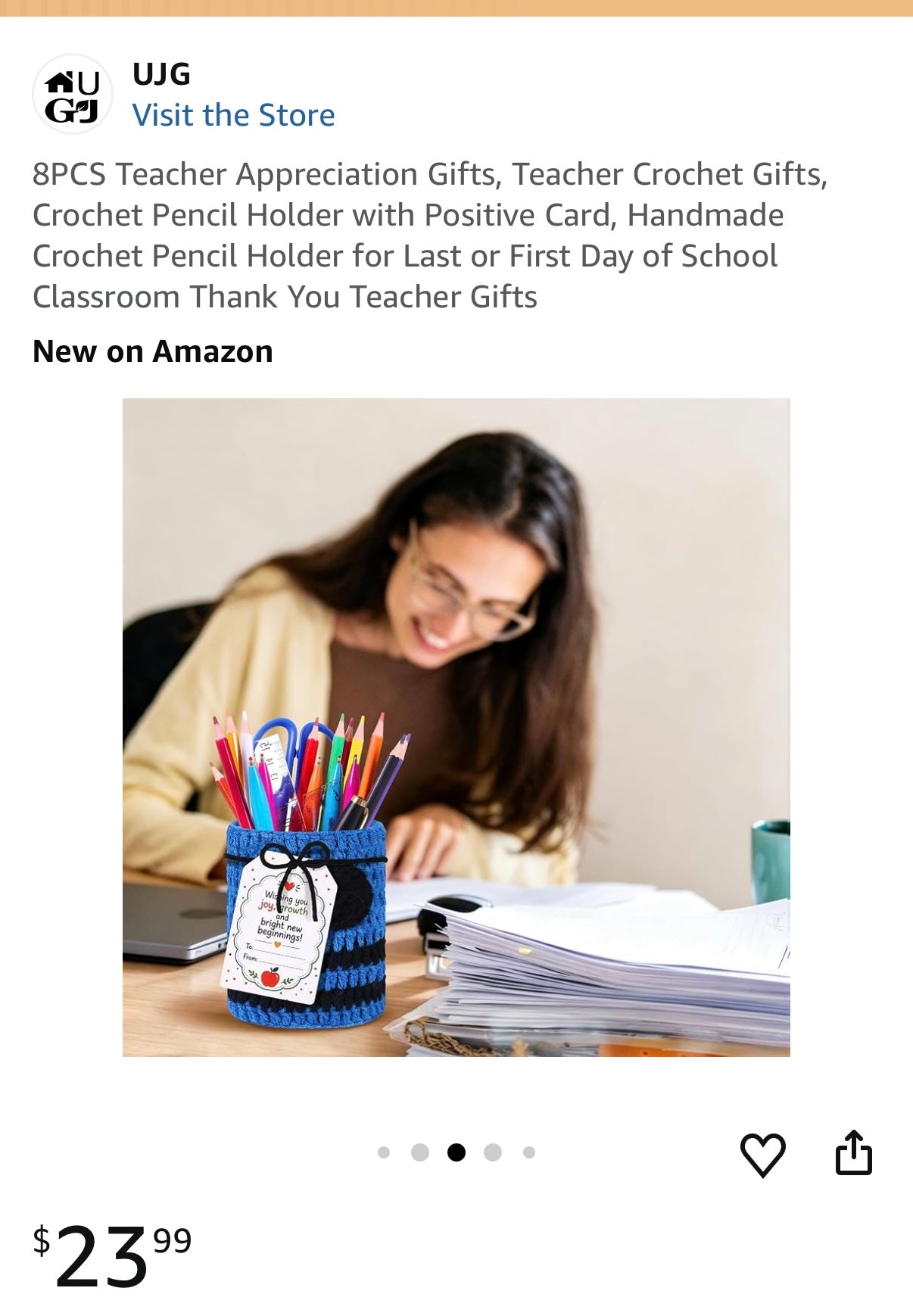 8PCS Teacher Appreciation Gifts, Teacher Crochet Gifts, Crochet Pencil Holder with Positive Card, Handmade Crochet Pencil Holder for Last or First Day of School Classroom Thank You Teacher Gifts
