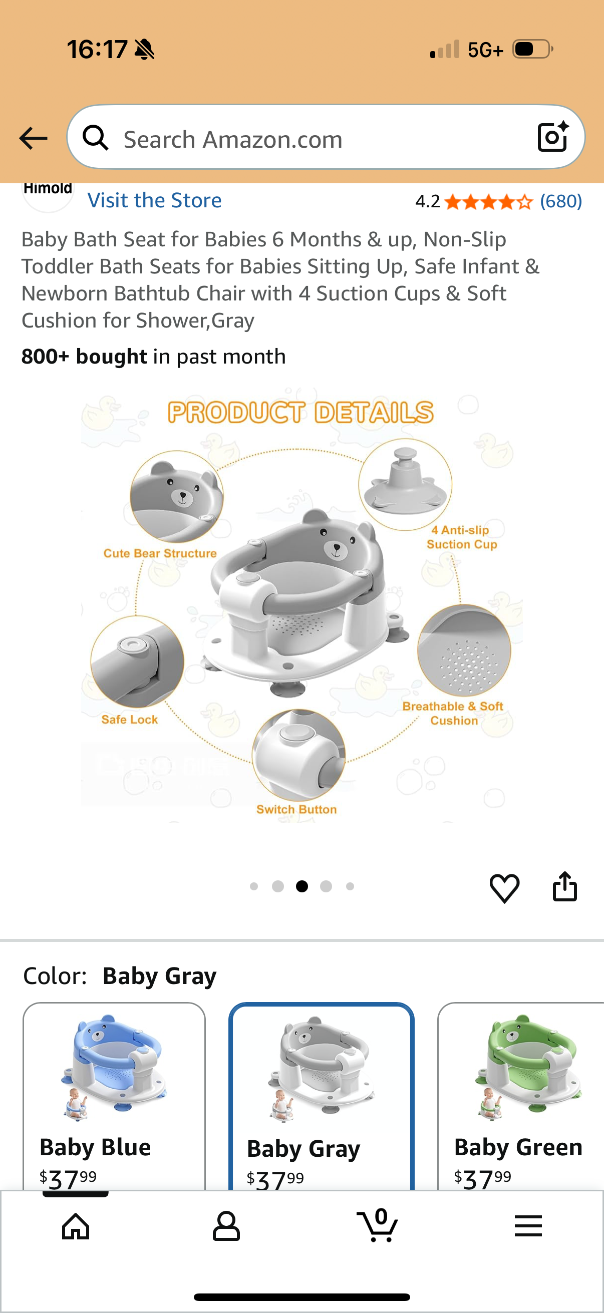 Baby Bath Seat for Babies 6 Months & up, Non-Slip Toddler Bath Seats for Babies Sitting Up, Safe Infant & Newborn Bathtub Chair with 4 Suction Cups & Soft Cushion for Shower,Gray