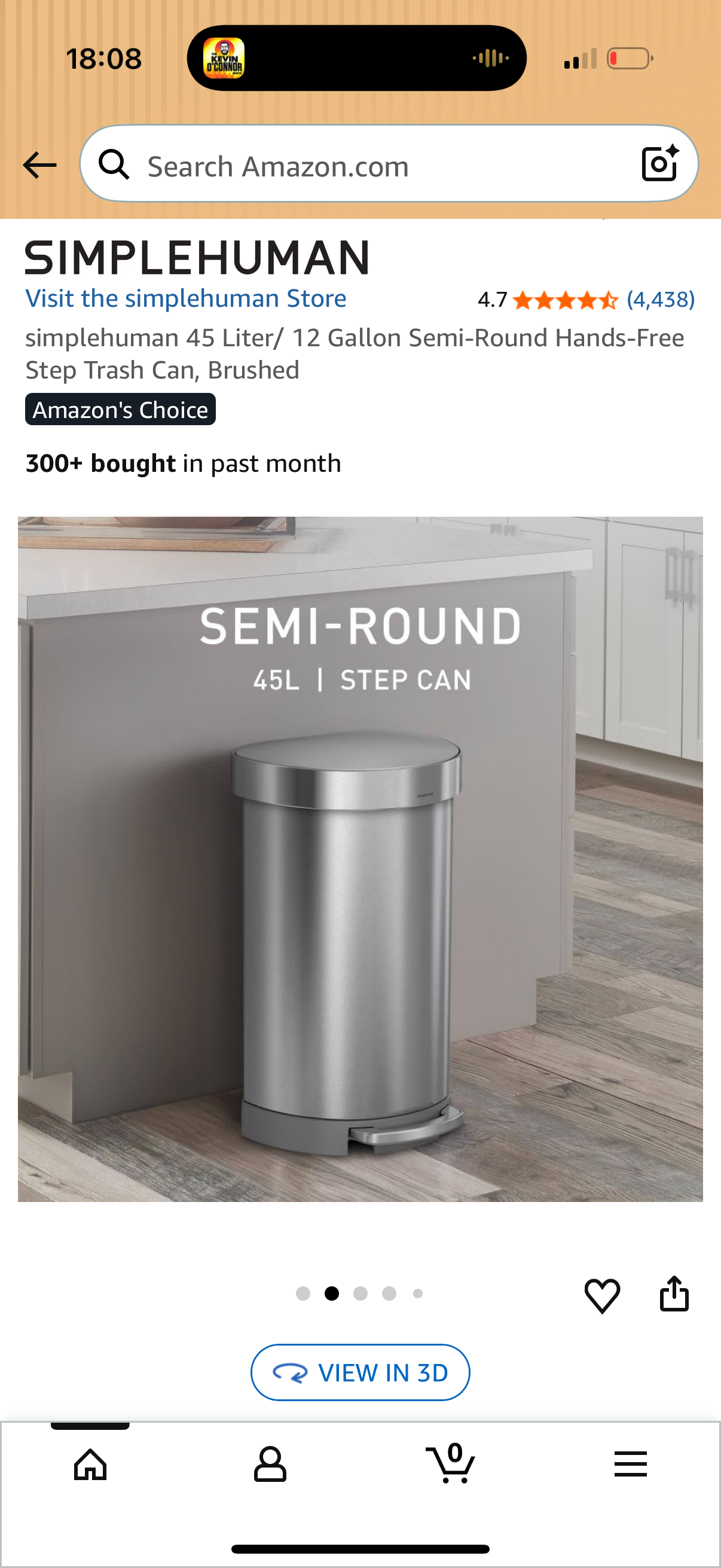 Simplehuman 45 Liter/ 12 Gallon Semi-Round Hands-Free Step Trash Can, Brushed