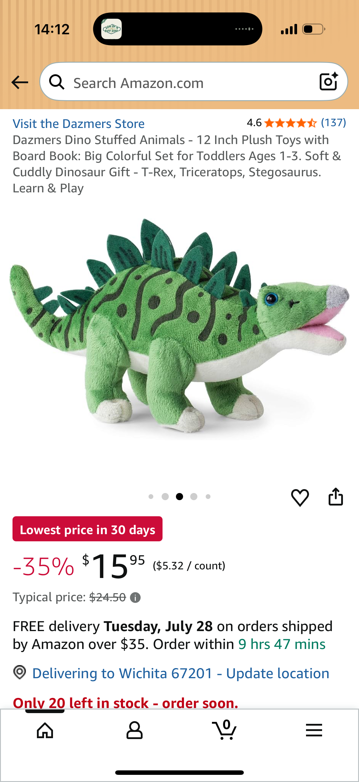 Dazmers Dino Stuffed Animals - 12 Inch Plush Toys with Board Book: Big Colorful Set for Toddlers Ages 1-3. Soft & Cuddly Dinosaur Gift - T-Rex, Triceratops, Stegosaurus. Learn & Play
