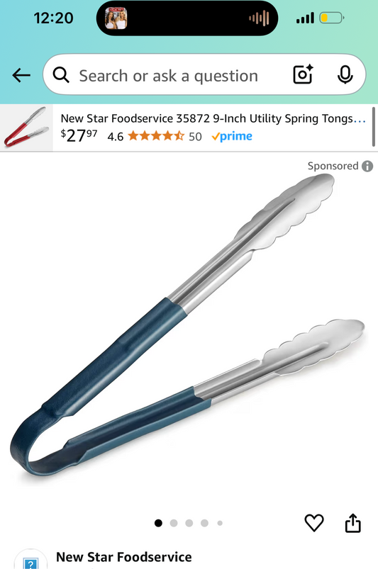 New Star Foodservice 35759 12-Inch Utility Spring Tongs, Stainless Steel, Vinyl Coated,Blue