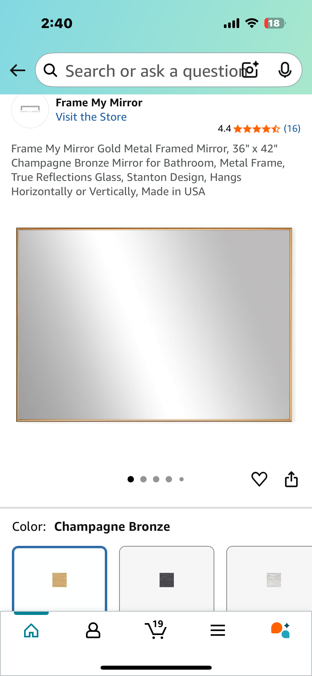 Mirror Gold Metal Framed Mirror, 36x 42”, Metal Frame, True Reflections Glass, Gold Finish, Stanton Design, Hangs Horizontally or Vertically, Made in USA (M379)