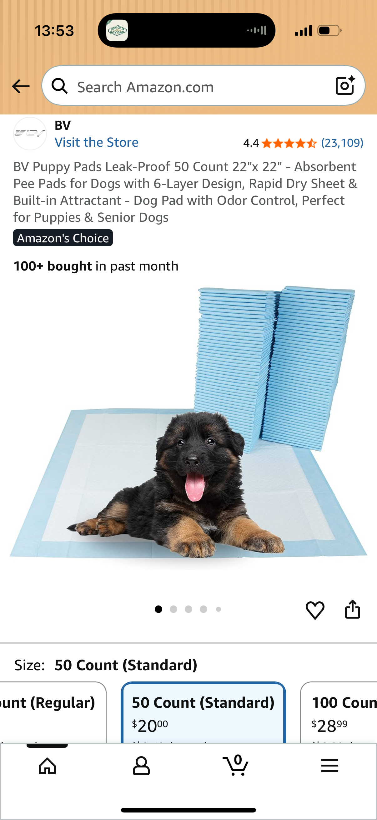 BV Puppy Pads Leak-Proof 50 Count 22"x 22" - Absorbent Pee Pads for Dogs with 6-Layer Design, Rapid Dry Sheet & Built-in Attractant - Dog Pad with Odor Control, Perfect for Puppies & Senior Dogs