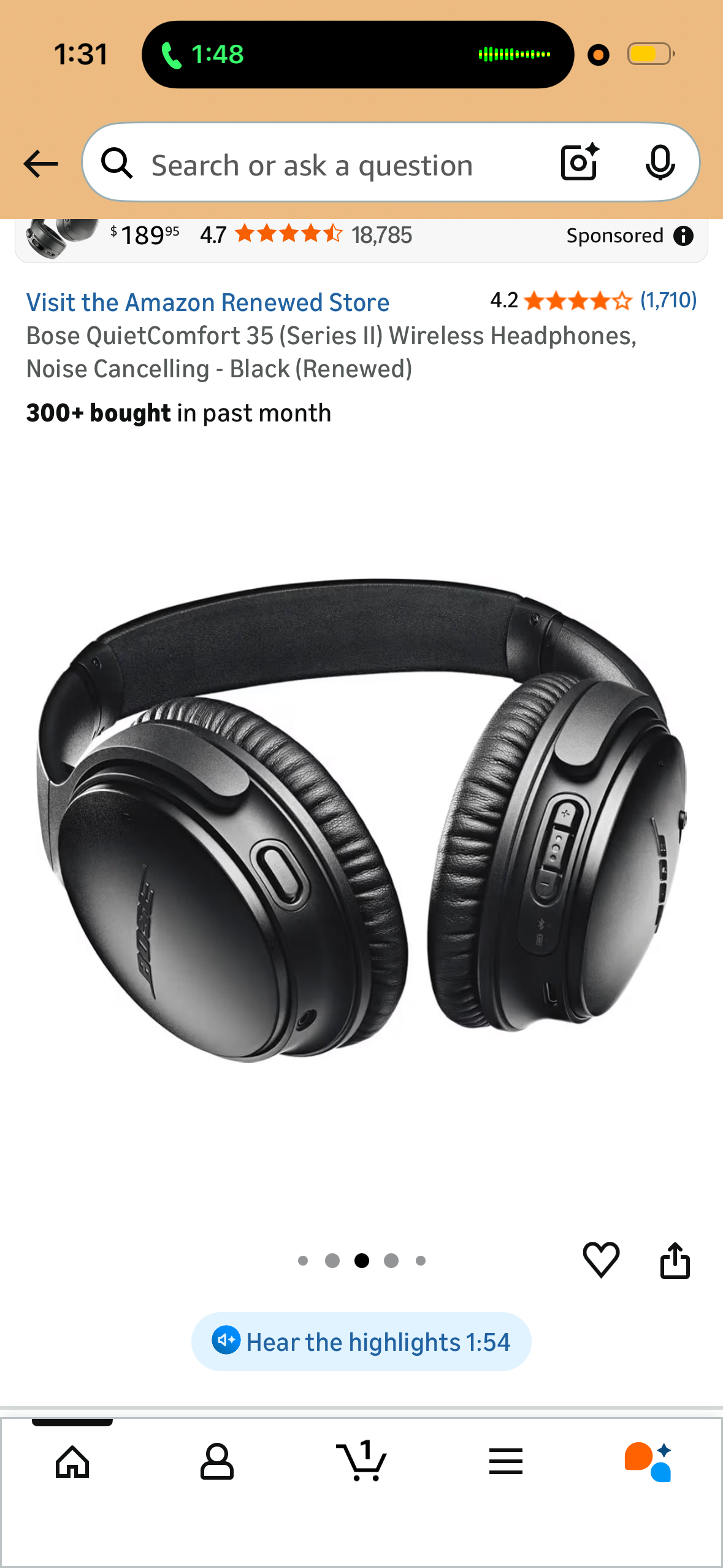 Bose QuietComfort 35 (Series II) Wireless Headphones, Noise Cancelling - Black