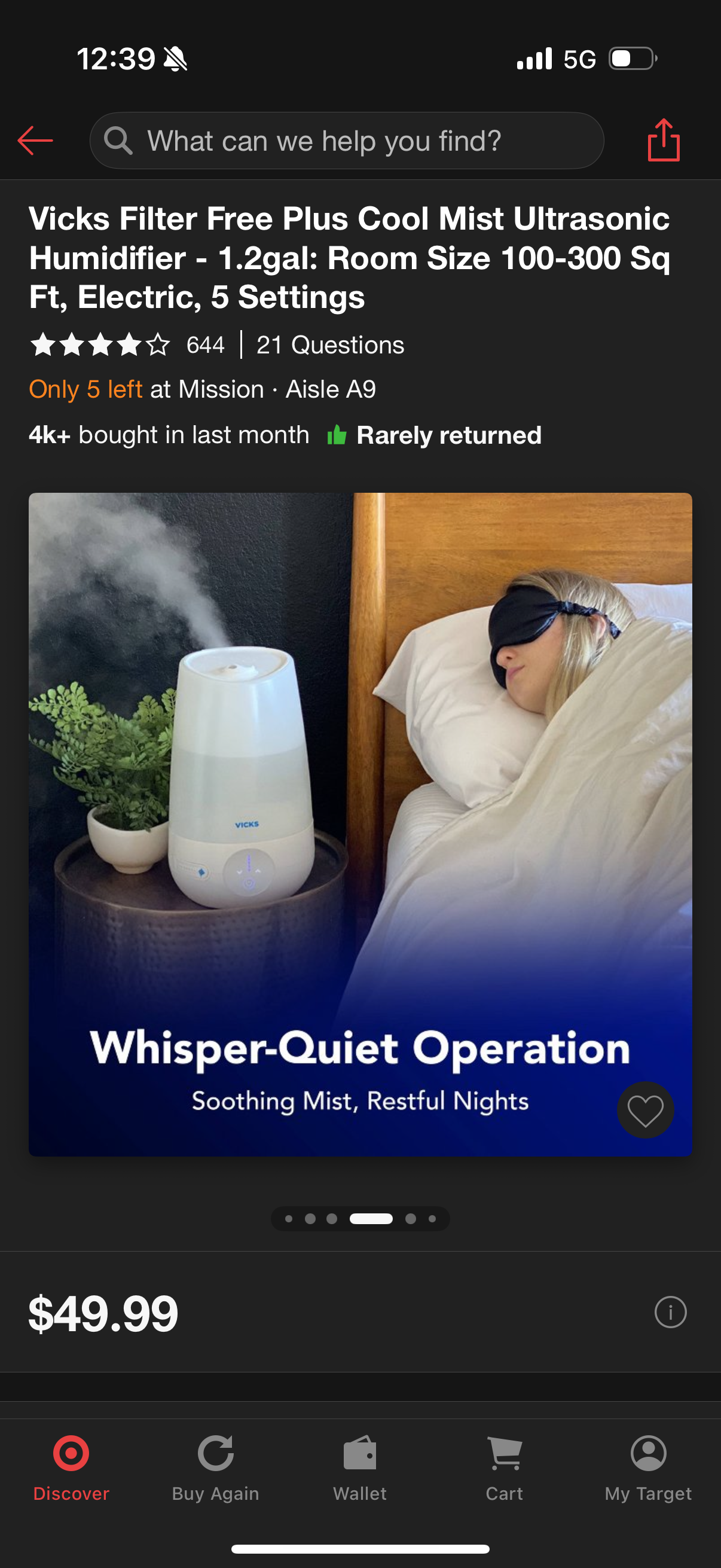 Vicks Filter Free Plus Cool Mist Ultrasonic Humidifier - 1.2gal: Room Size 100-300 Sq Ft, Electric, 5 Settings