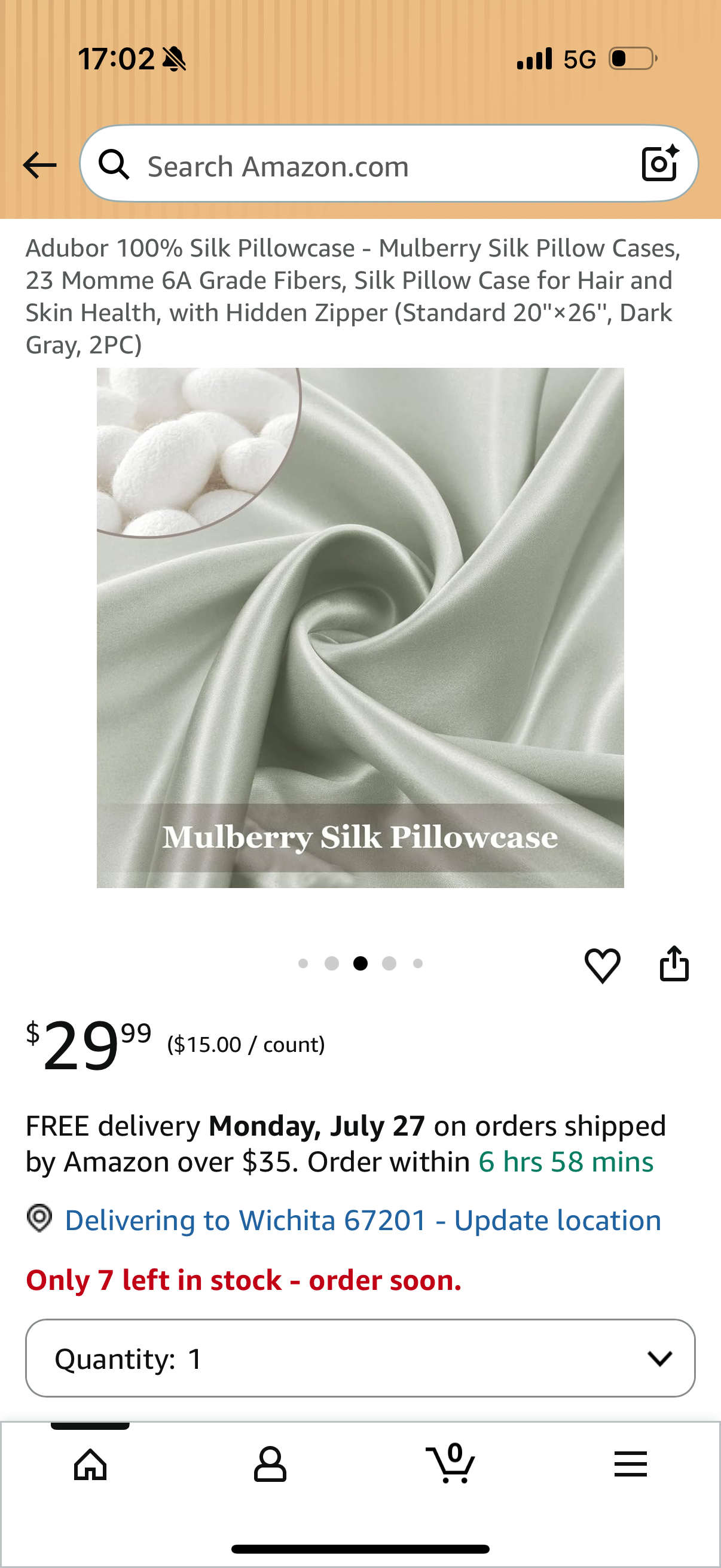 Adubor 100% Silk Pillowcase - Mulberry Silk Pillow Cases, 23 Momme 6A Grade Fibers, Silk Pillow Case for Hair and Skin Health, with Hidden Zipper (Standard 20''×26'', Dark Gray, 2PC)