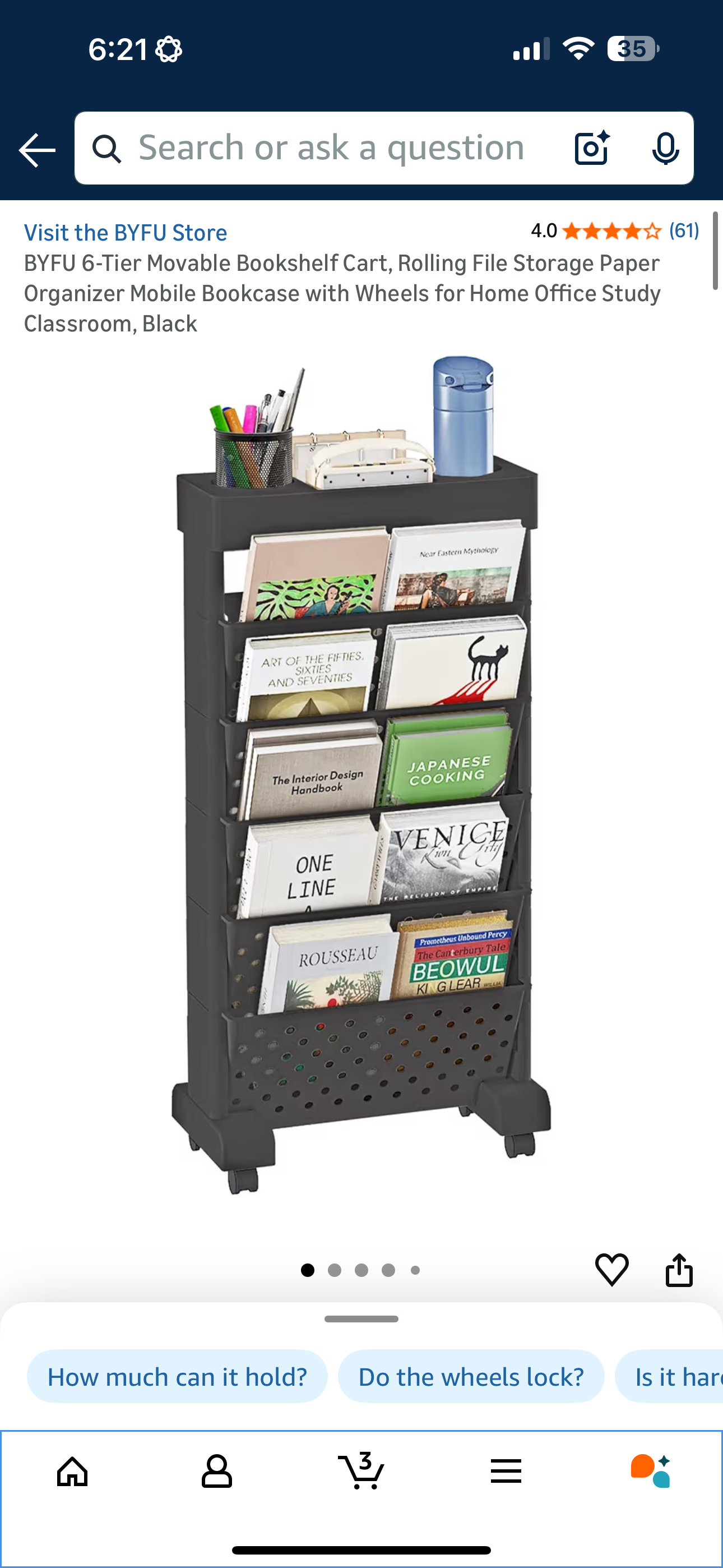 BYFU 6-Tier Movable Bookshelf Cart, Rolling File Storage Paper Organizer Mobile Bookcase with Wheels for Home Office Study Classroom, Black