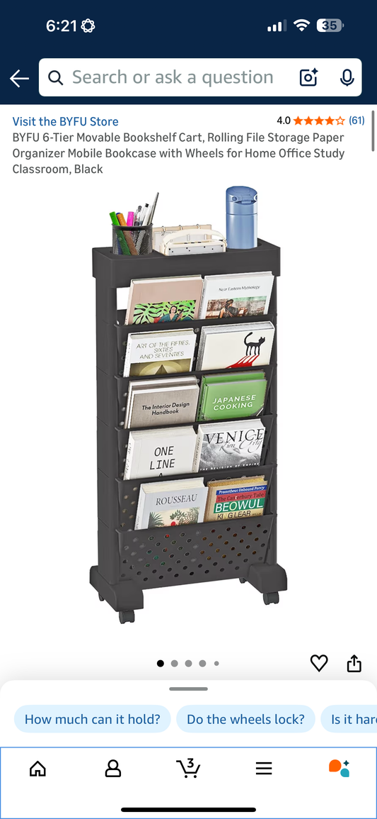 BYFU 6-Tier Movable Bookshelf Cart, Rolling File Storage Paper Organizer Mobile Bookcase with Wheels for Home Office Study Classroom, Black