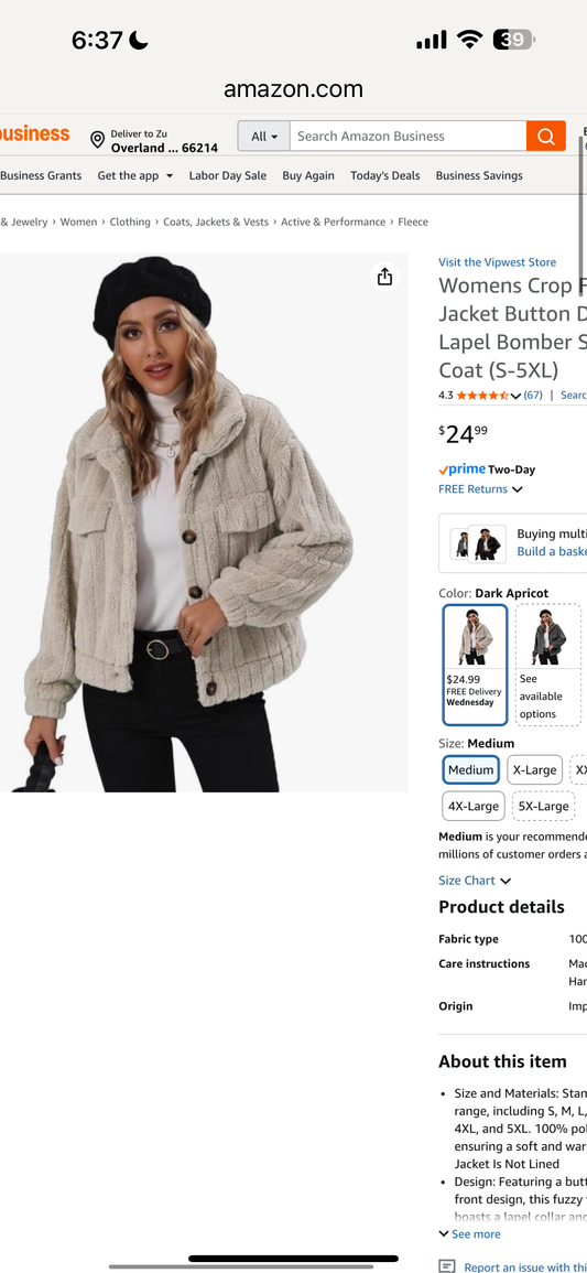 Vipwest Womens Crop Fleece Jacket Button Down Lapel Bomber Sherpa Coat (Size 3XL)