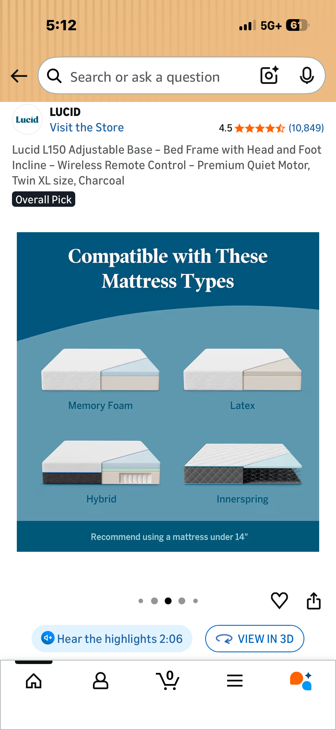 Lucid L150 Adjustable Base - Bed Frame with Head and Foot Incline - Wireless Remote Control - Premium Quiet Motor, Twin XL size, Charcoal (B1231)