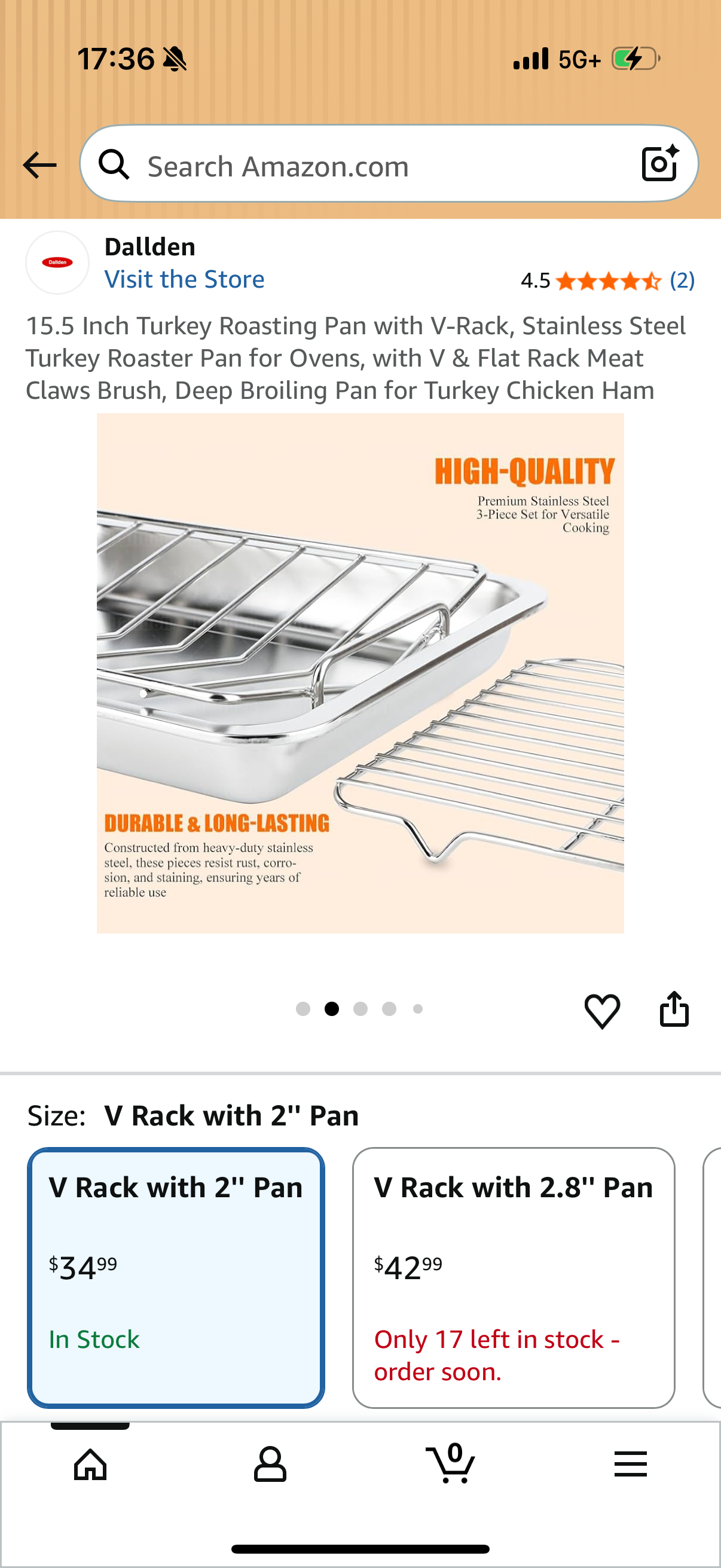 15.5 Inch Turkey Roasting Pan with V-Rack, Stainless Steel Turkey Roaster Pan for Ovens, with V & Flat Rack Meat Claws Brush, Deep Broiling Pan for Turkey Chicken Ham