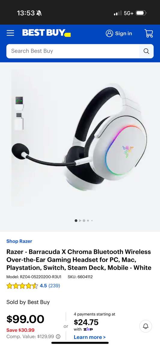 Razer - Barracuda X Chroma Bluetooth Wireless Over-the-Ear Gaming Headset for PC, Mac, Playstation, Switch, Steam Deck, Mobile - White
