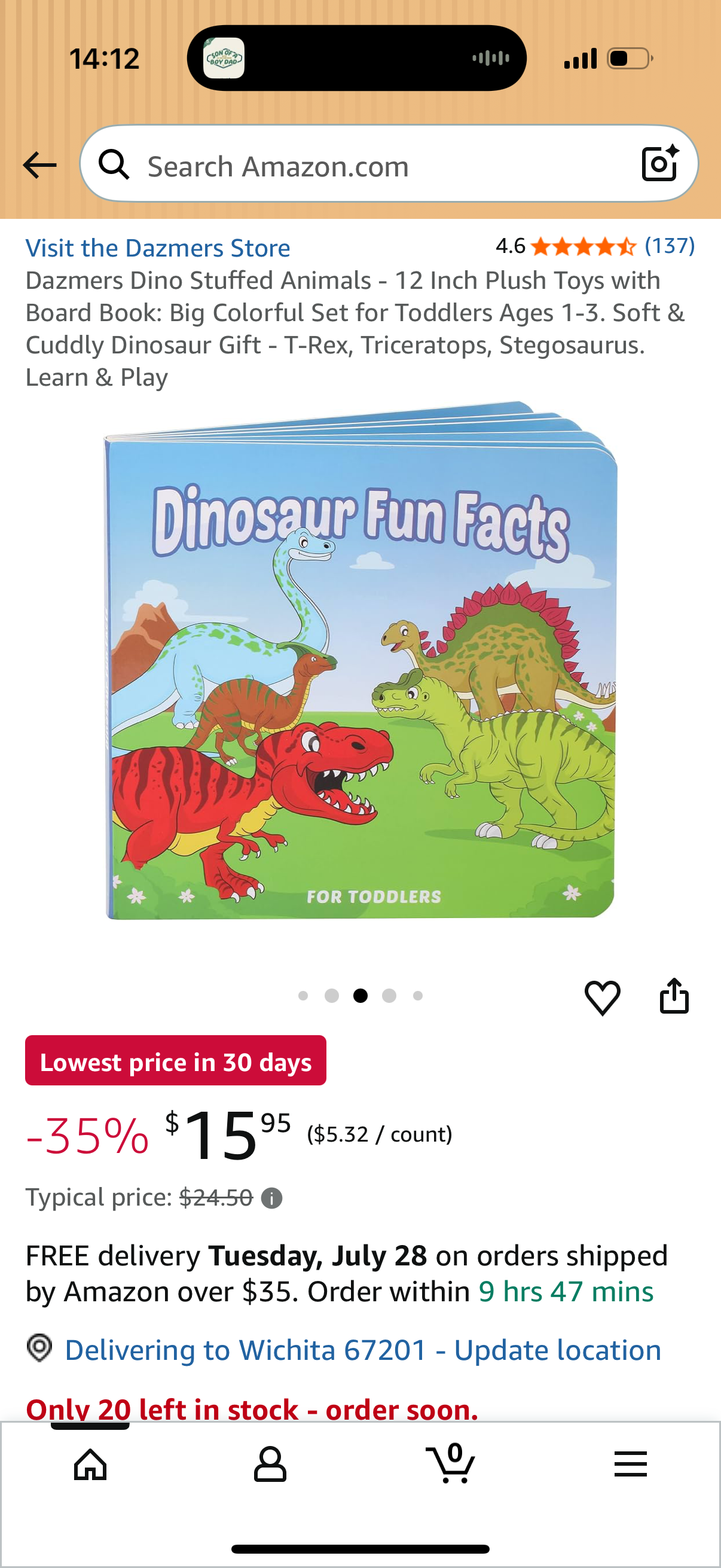 Dazmers Dino Stuffed Animals - 12 Inch Plush Toys with Board Book: Big Colorful Set for Toddlers Ages 1-3. Soft & Cuddly Dinosaur Gift - T-Rex, Triceratops, Stegosaurus. Learn & Play