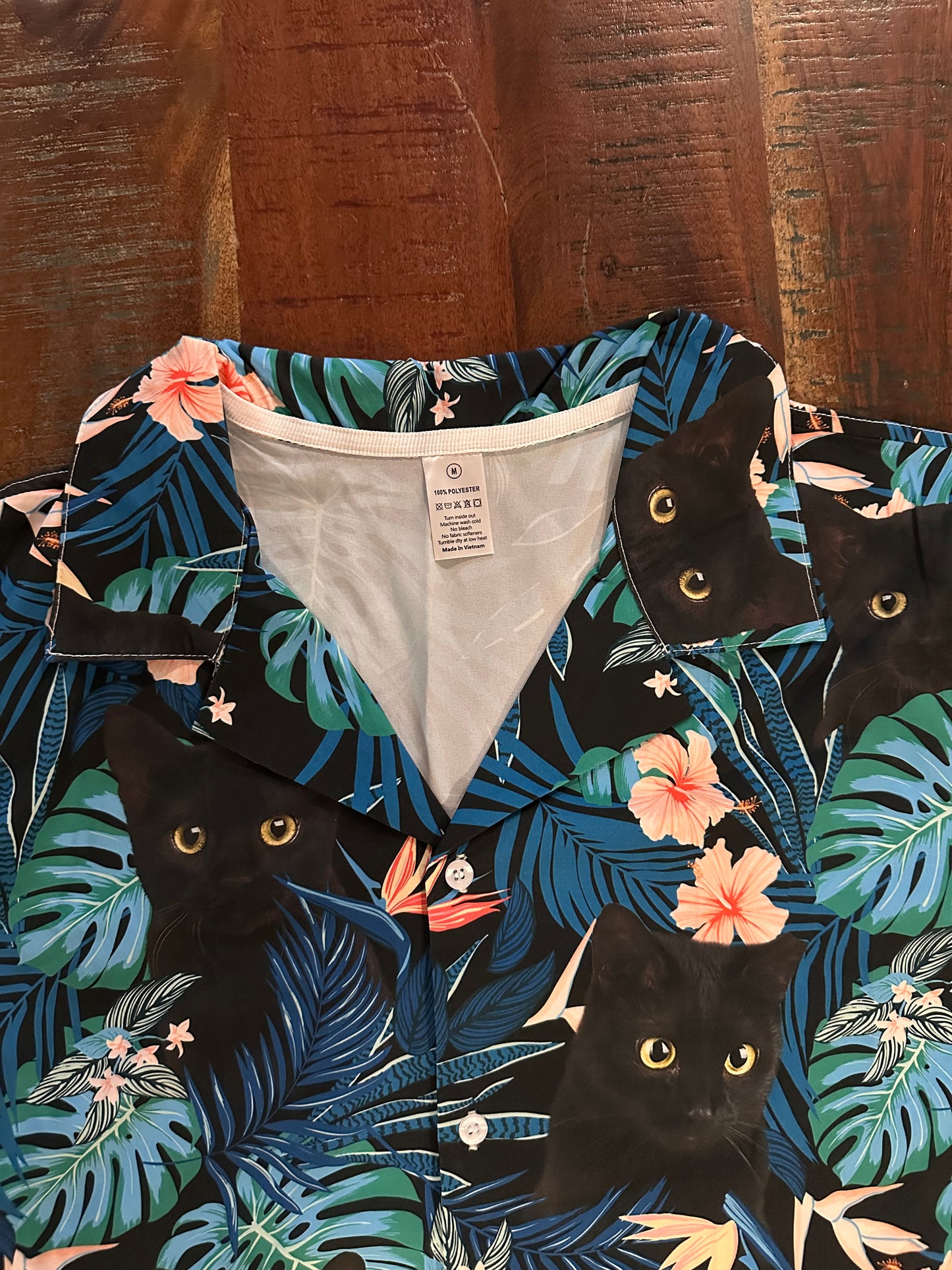 Black Cat Tropical Hawaiian Button Down Cat Shirt (Size Adult M)