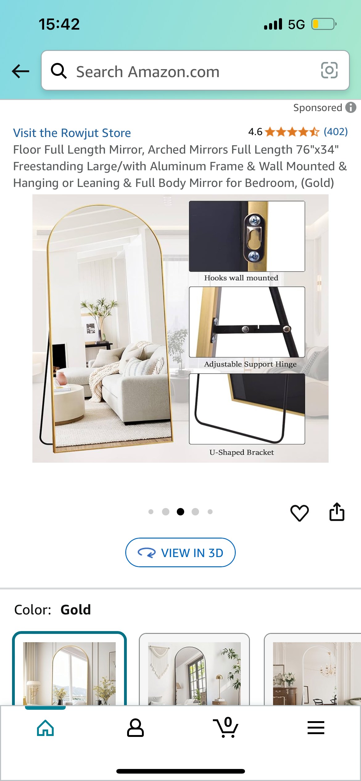 New - Full Length Standing Gold Arched Mirror 76”x34” (M372)