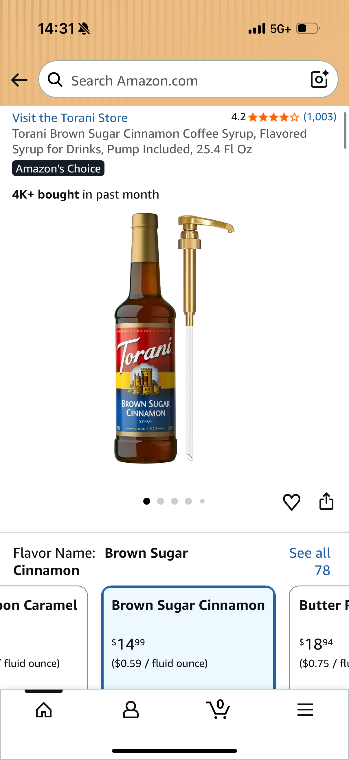 Torani Brown Sugar Cinnamon Coffee Syrup, Flavored Syrup for Drinks, Pump Included, 25.4 Fl Oz