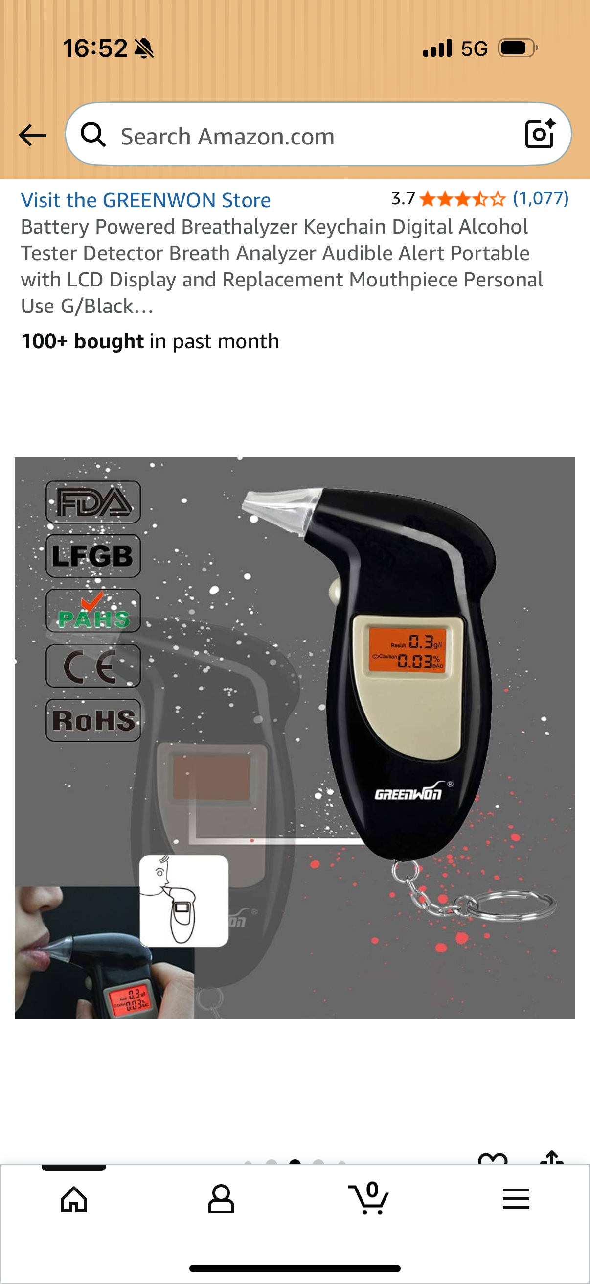 Battery Powered Breathalyzer Keychain Digital Alcohol Tester Detector Breath Analyzer Audible Alert Portable with LCD Display and Replacement Mouthpiece Personal Use G/Black