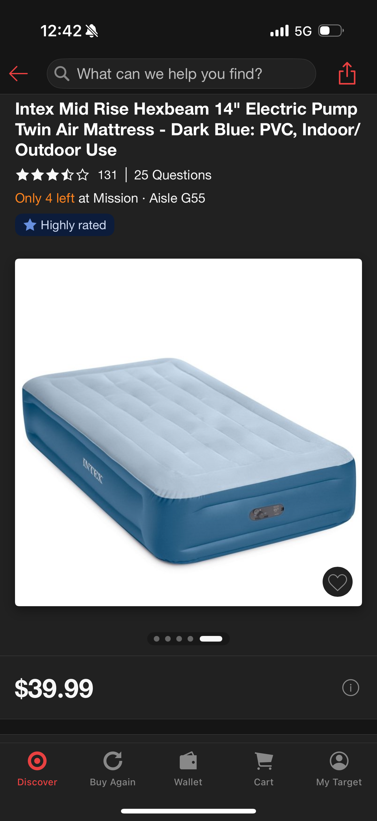 Intex Mid Rise Hexbeam 14" Electric Pump Twin Air Mattress - Dark Blue: PVC, Indoor/ Outdoor Use