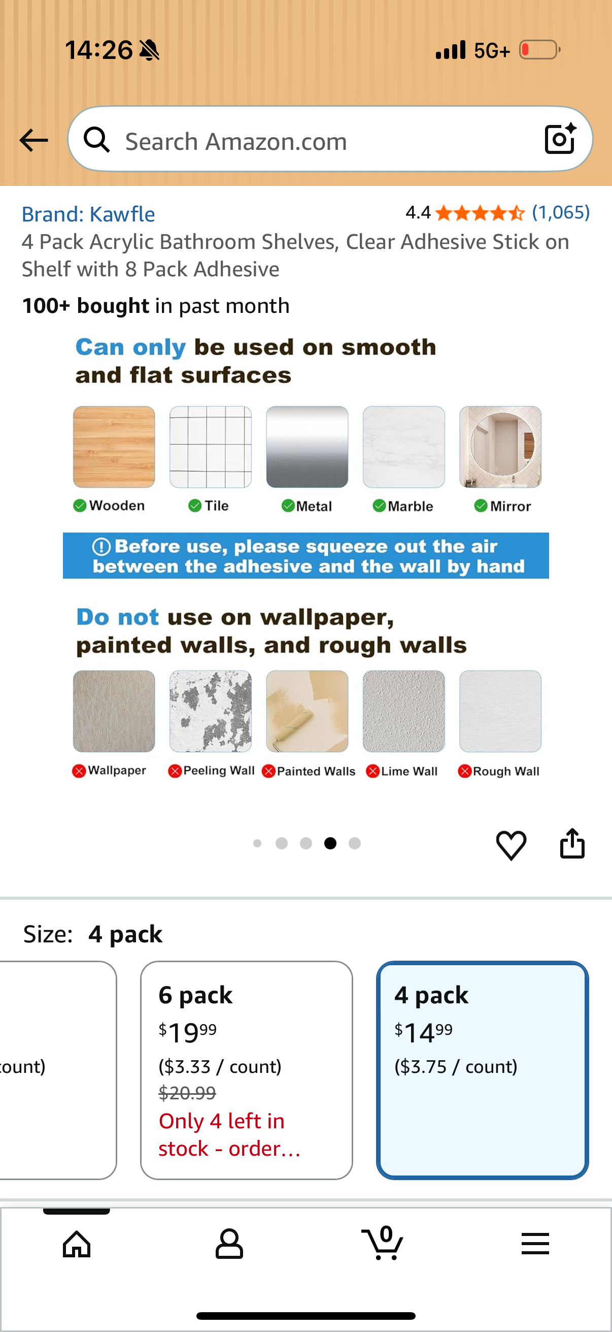 4 Pack Acrylic Bathroom Shelves, Clear Adhesive Stick on Shelf with 8 Pack Adhesive