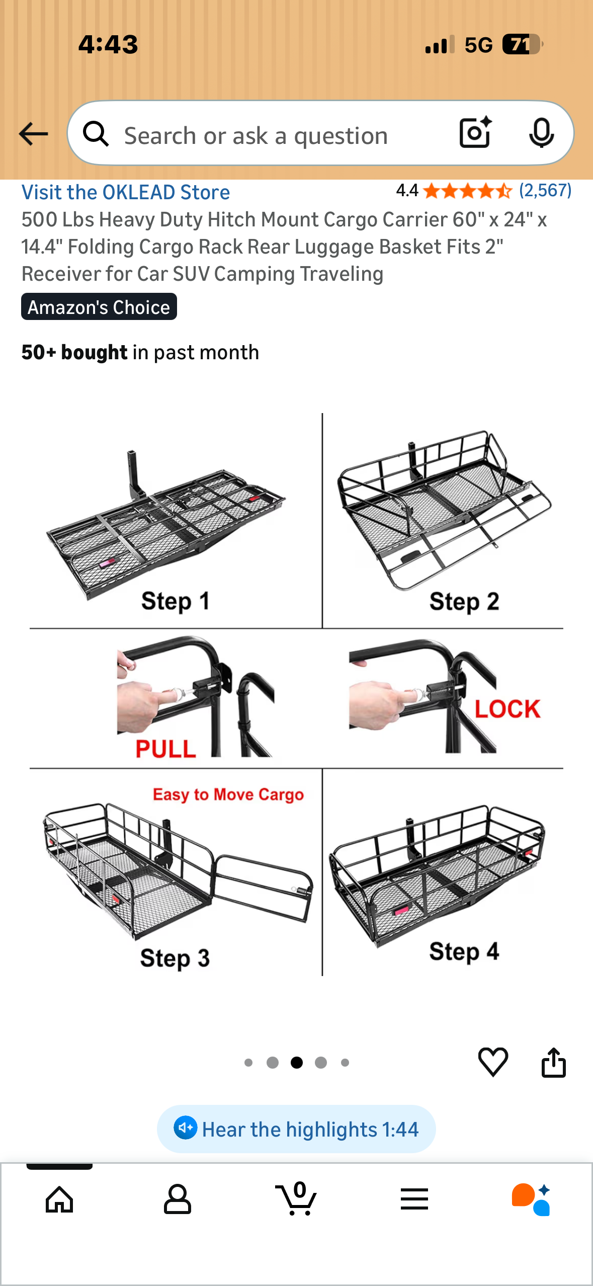 500 Lbs Heavy Duty Hitch Mount Cargo Carrier,  60"×24"x14.4"  Folding Cargo Rack, Rear Luggage Basket, Fits 2"
Receiver for Car, SUV, Camping, Traveling (G1023)