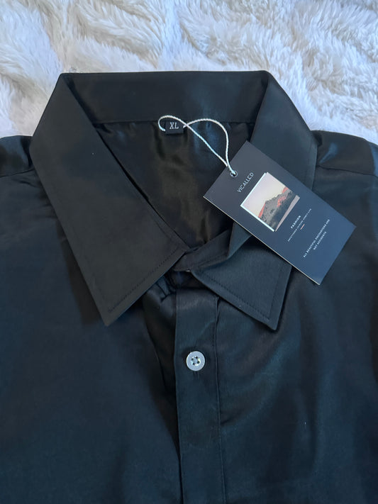 VICALLED Men's Luxury Satin  Dress Shirt, Slim Fit Silk Party Long Sleeve (Size XL)