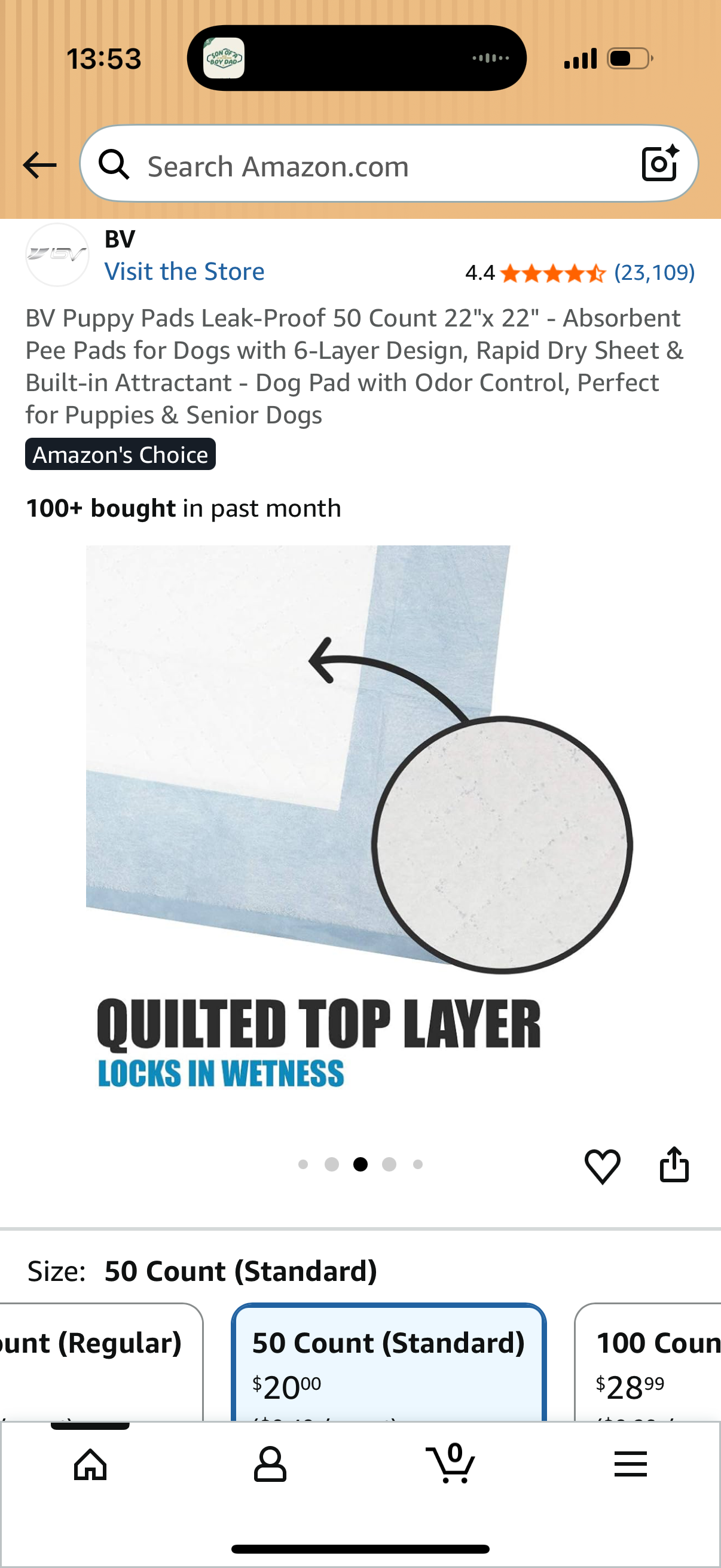 BV Puppy Pads Leak-Proof 50 Count 22"x 22" - Absorbent Pee Pads for Dogs with 6-Layer Design, Rapid Dry Sheet & Built-in Attractant - Dog Pad with Odor Control, Perfect for Puppies & Senior Dogs