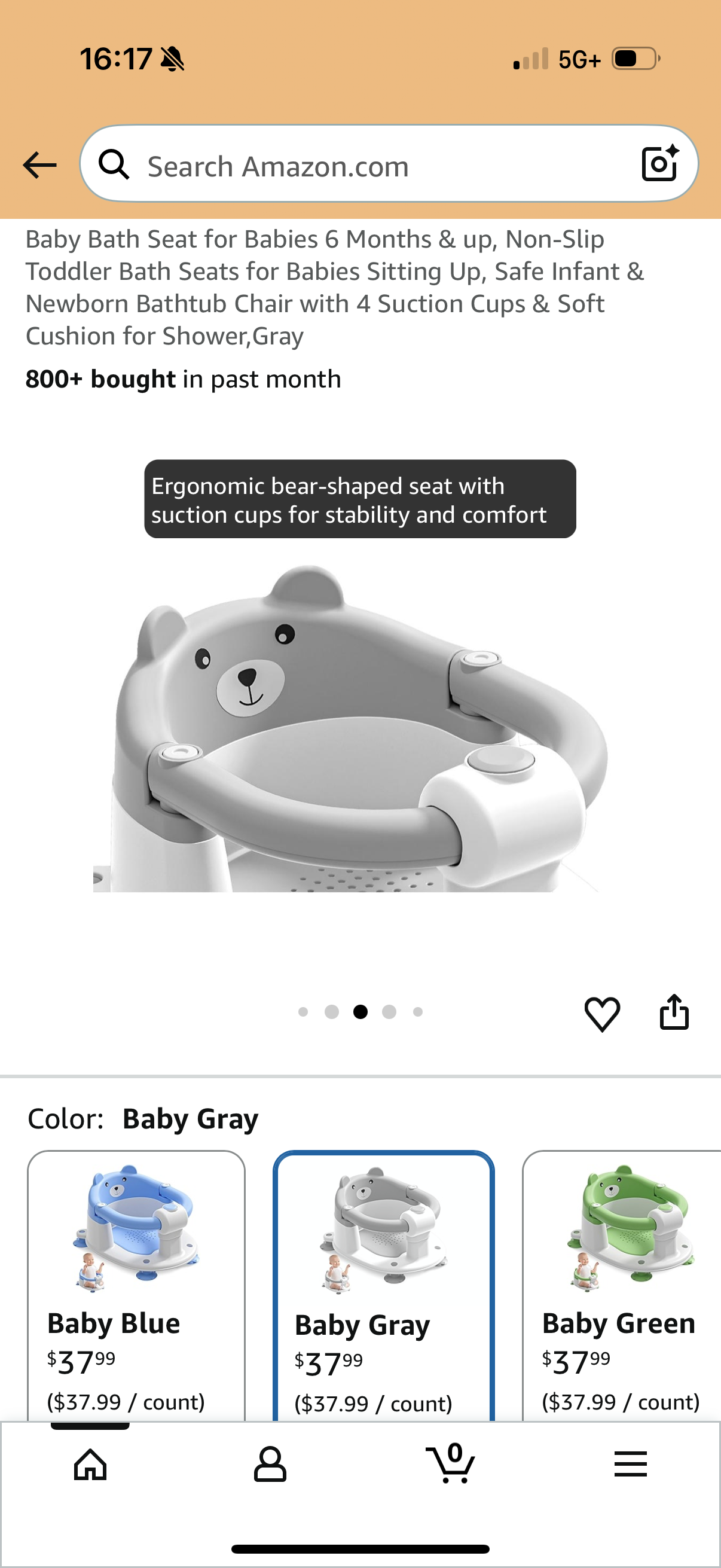 Baby Bath Seat for Babies 6 Months & up, Non-Slip Toddler Bath Seats for Babies Sitting Up, Safe Infant & Newborn Bathtub Chair with 4 Suction Cups & Soft Cushion for Shower,Gray
