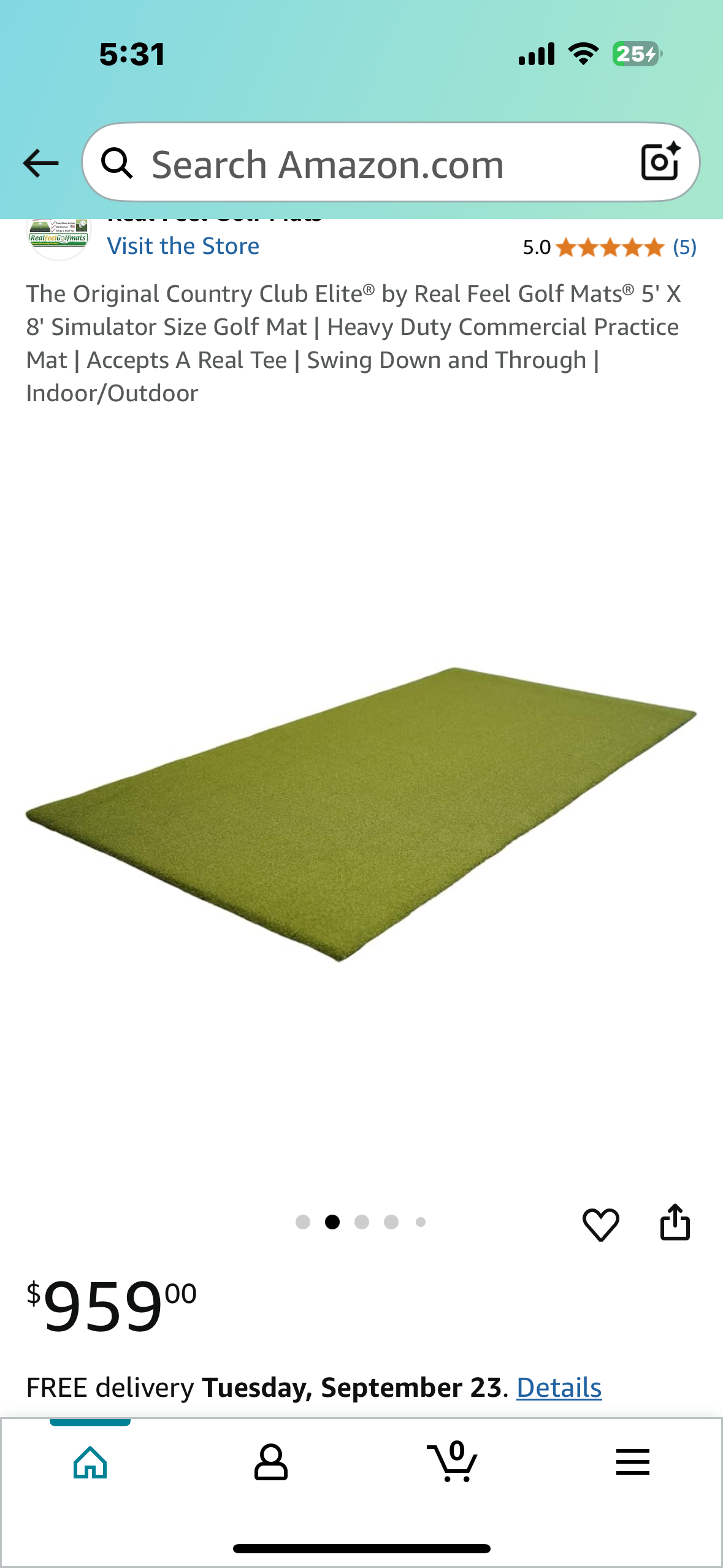 5' X 8' Simulator Size Golf Mat, Heavy Duty Commercial Practice
Mat, Accepts A Real Tee, Swing Down and Through, Indoor/Outdoor (W500)