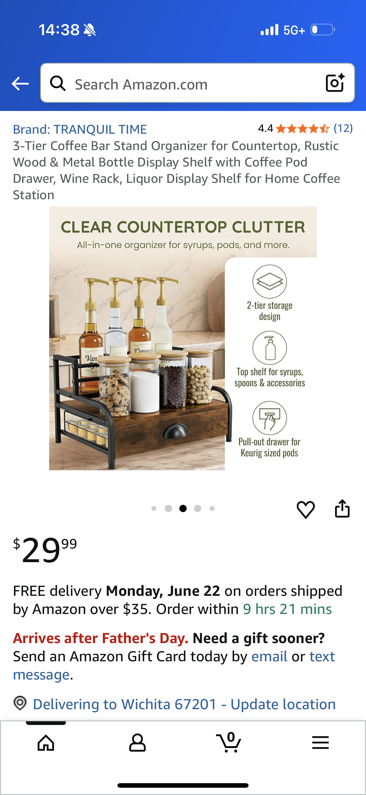 3-Tier Coffee Bar Stand Organizer for Countertop, Rustic Wood & Metal Bottle Display Shelf with Coffee Pod Drawer, Wine Rack, Liquor Display Shelf for Home Coffee Station