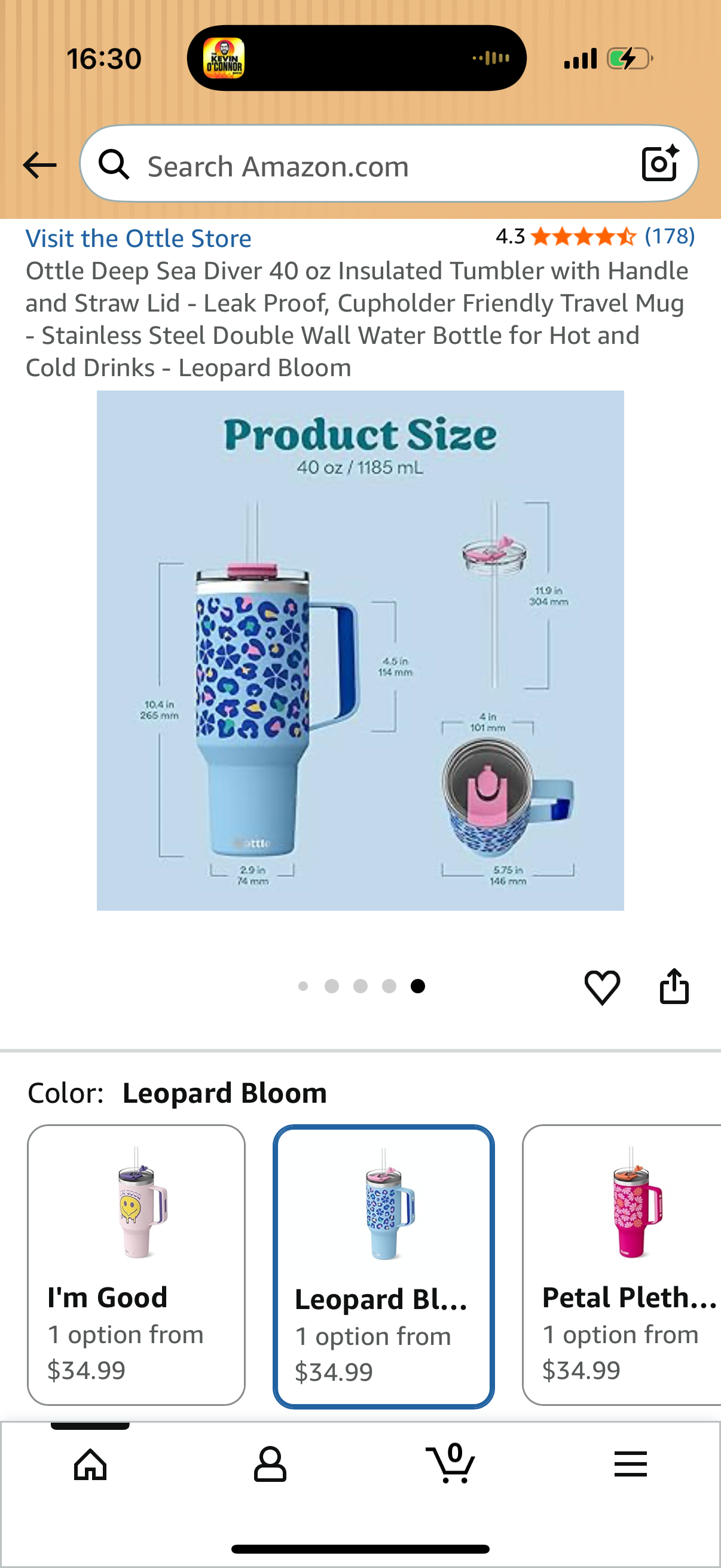Ottle Deep Sea Diver 40 oz Insulated Tumbler with Handle and Straw Lid - Leak Proof, Cupholder Friendly Travel Mug - Stainless Steel Double Wall Water Bottle for Hot and Cold Drinks - Leopard Bloom